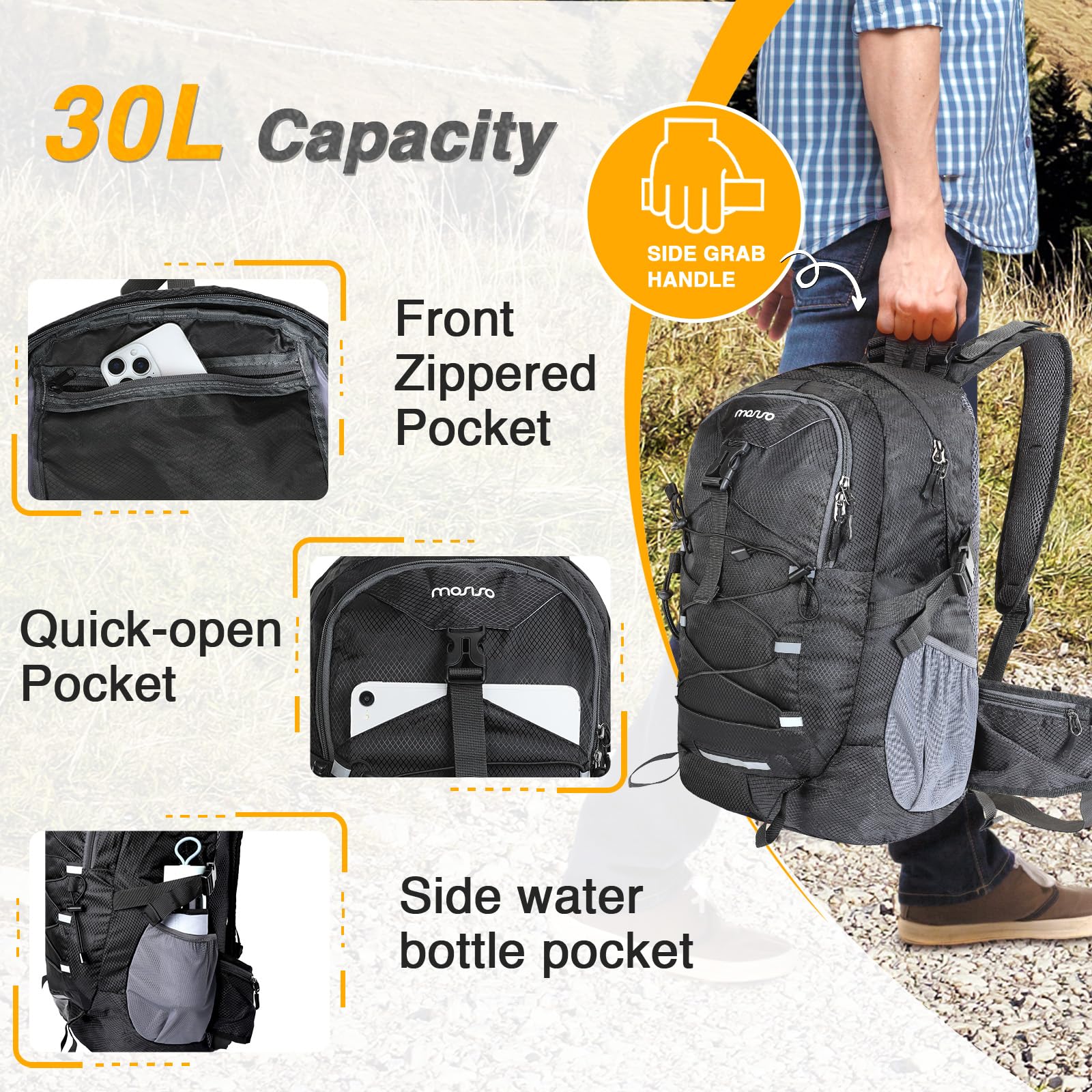 MOSISO 30L Lightweight Hiking Backpack for Men & Women - Foldable Daypack with 2 Front Pockets & Elastic Cord Strap - Perfect for Travel, Camping, Hiking & Outdoor Adventures - Black