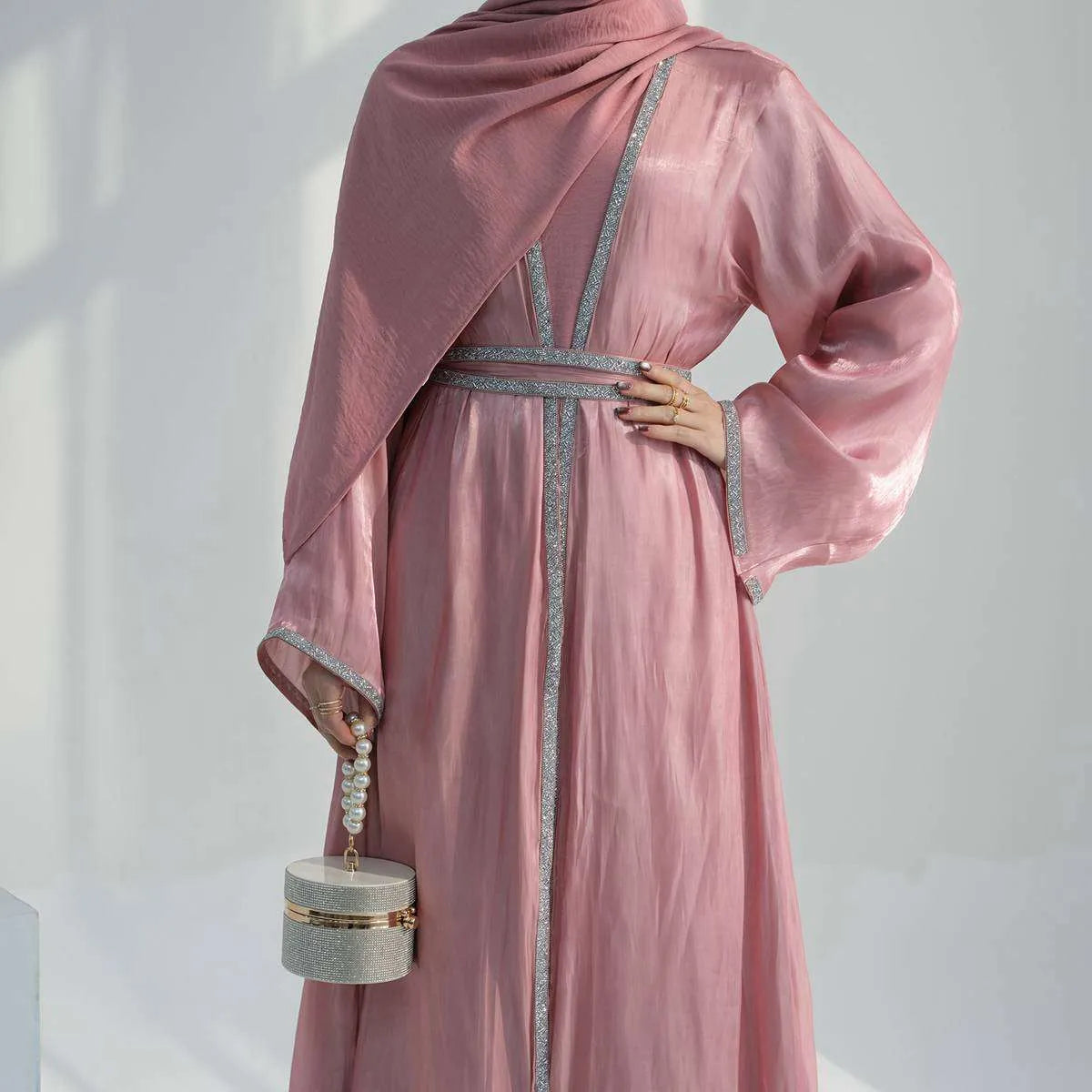 2-Piece Hotfix Rhinestone Sparkling Open Abaya Dress Set with Inner Dress - Perfect for Weddings, Parties & Special Occasions