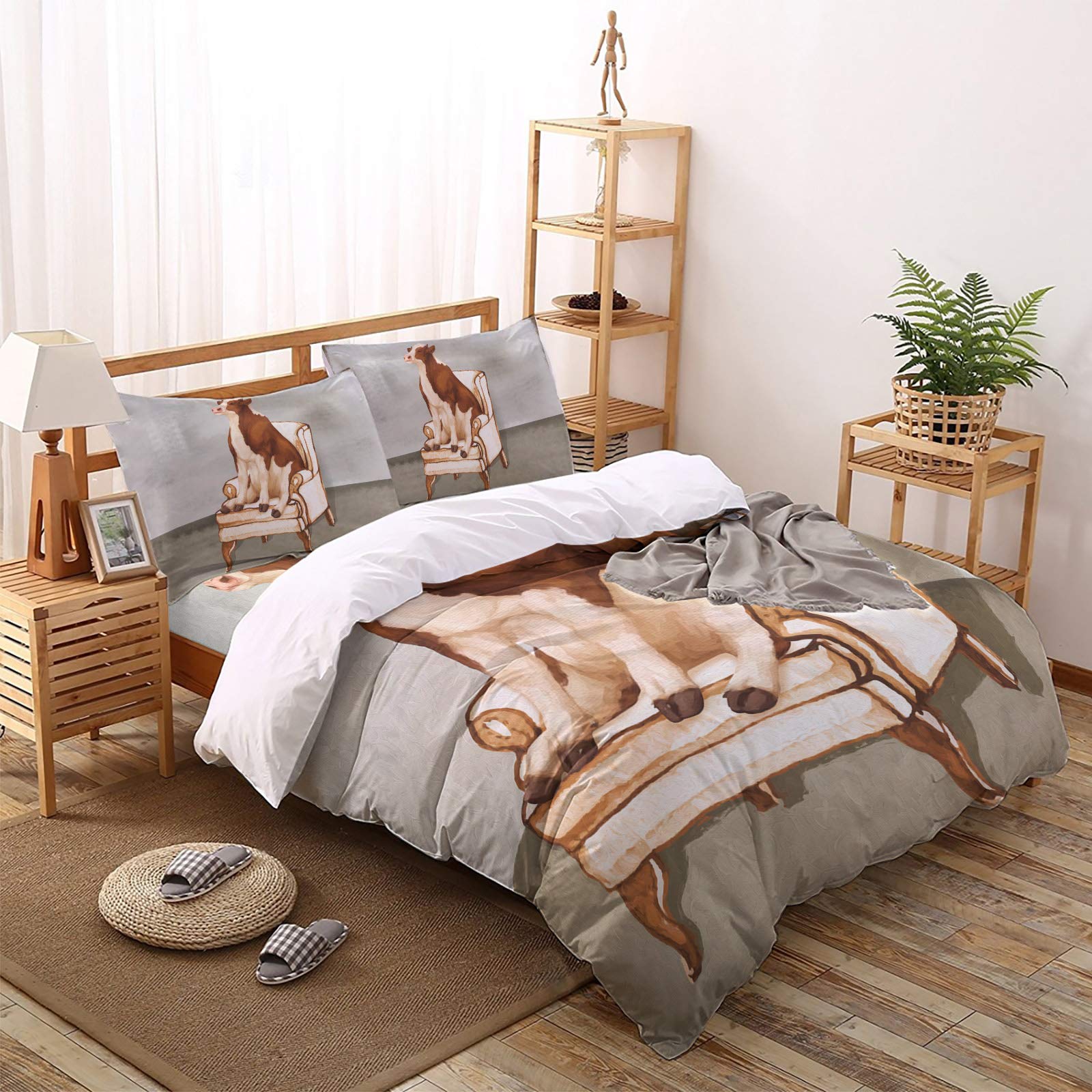 Farmhouse Style 4-Piece King Size Duvet Cover Set - Sunflower & Cow Print Vintage Bedding (1 Duvet Cover + 1 Sheet + 2 Pillowcases) | Soft Luxury Comforter Cover for Farmhouse, Rustic & Country Style Bedrooms