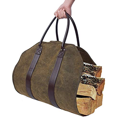 Heavy Duty Waxed Canvas Firewood Log Carrier Tote Bag - Durable Firewood Holder for Indoor Fireplace, Outdoor Camping & Wood Stove Accessories - Perfect for Hauling Firewood, Kindling & Hay