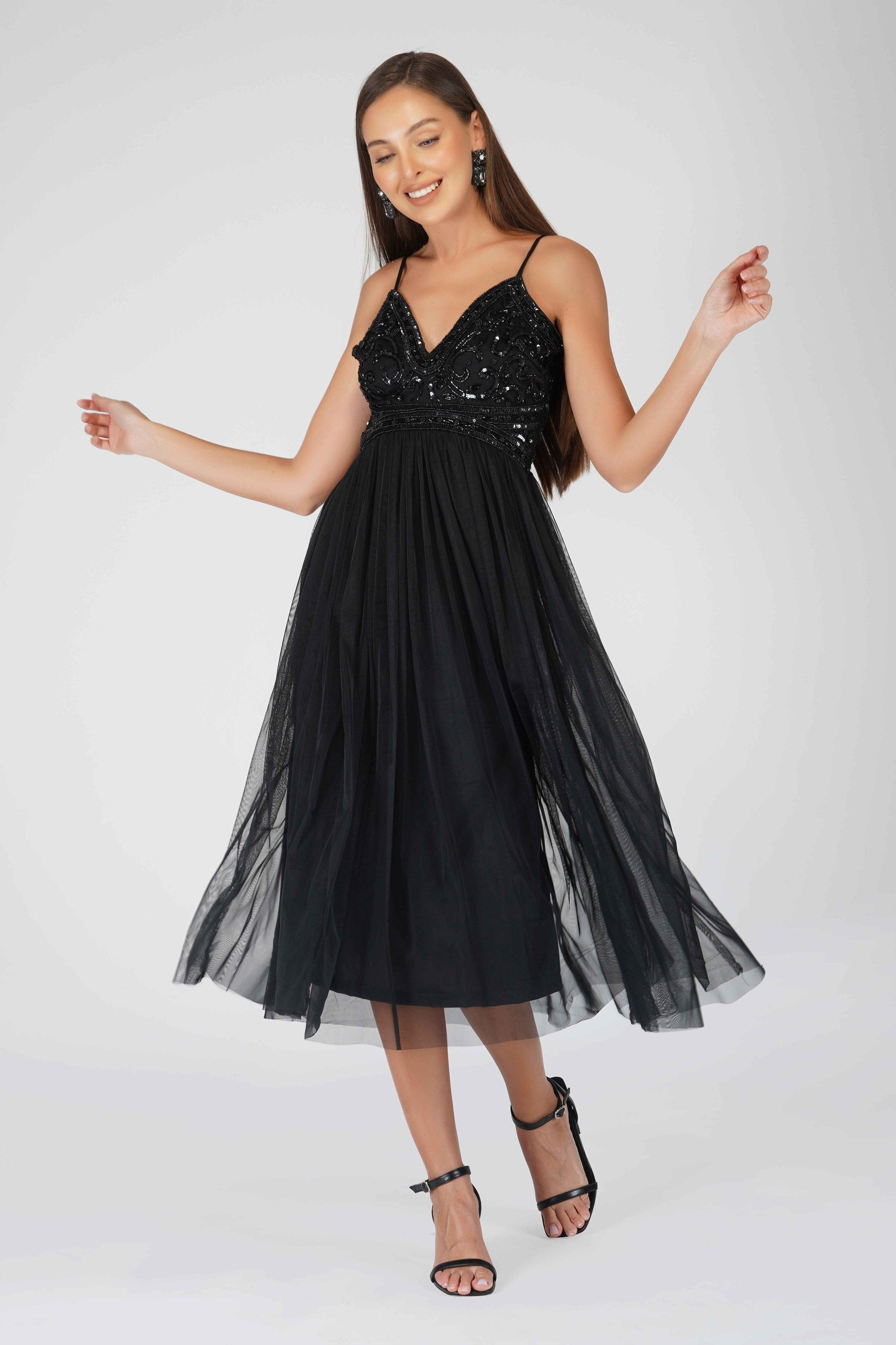 Ruhi Embellished Black Midi Dress for Women - Elegant Party & Evening Wear, Perfect for Weddings, Cocktails & Special Occasions