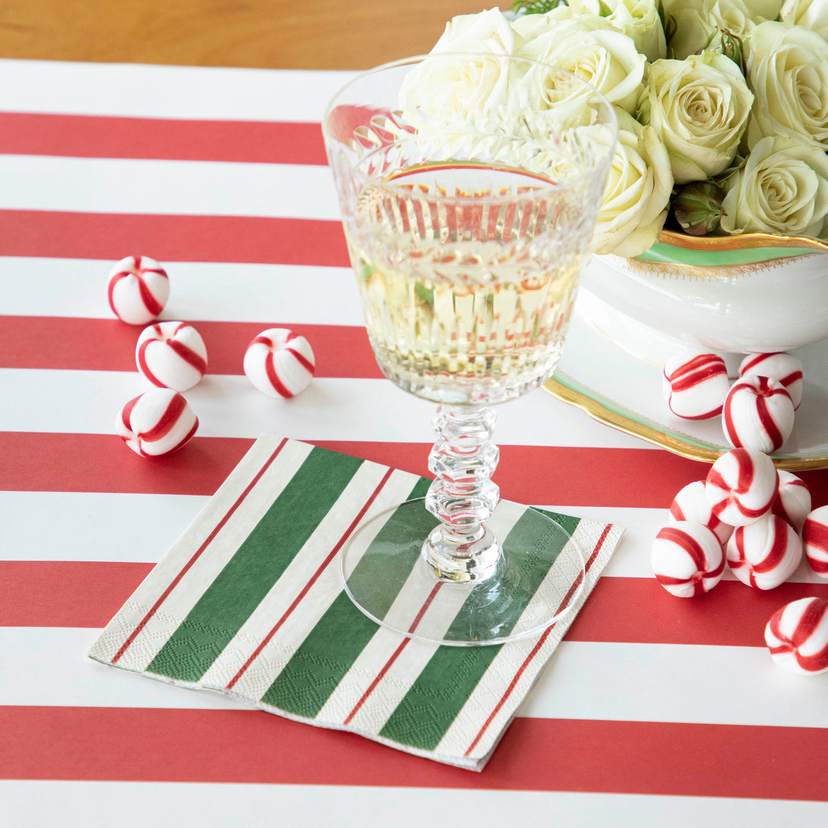 Premium Green & Red Awning Stripe Cocktail Napkins - 50 Pack Cotton Drink Napkins for Parties, Weddings & Home Decor - Elegant Beverage Napkins for Cocktails, Wine & Coffee