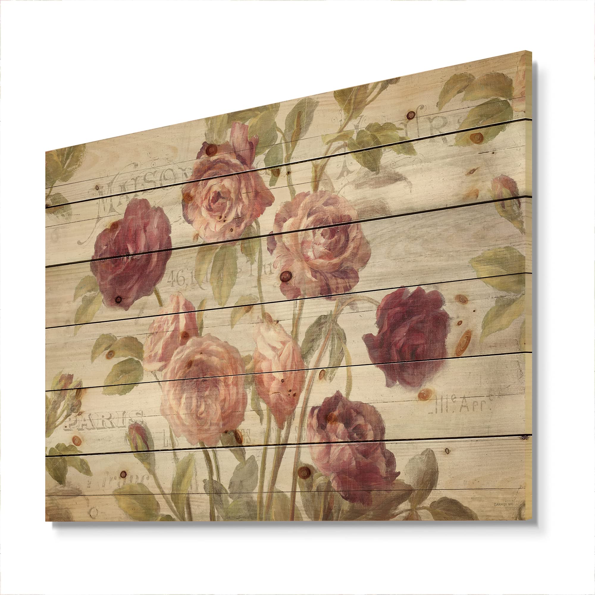 DesignQ French Roses Farmhouse Wood Wall Decor - Pink Floral Wood Wall Art, Large Printed Pine Wood Panels for Living Room, Bedroom & Home Decor