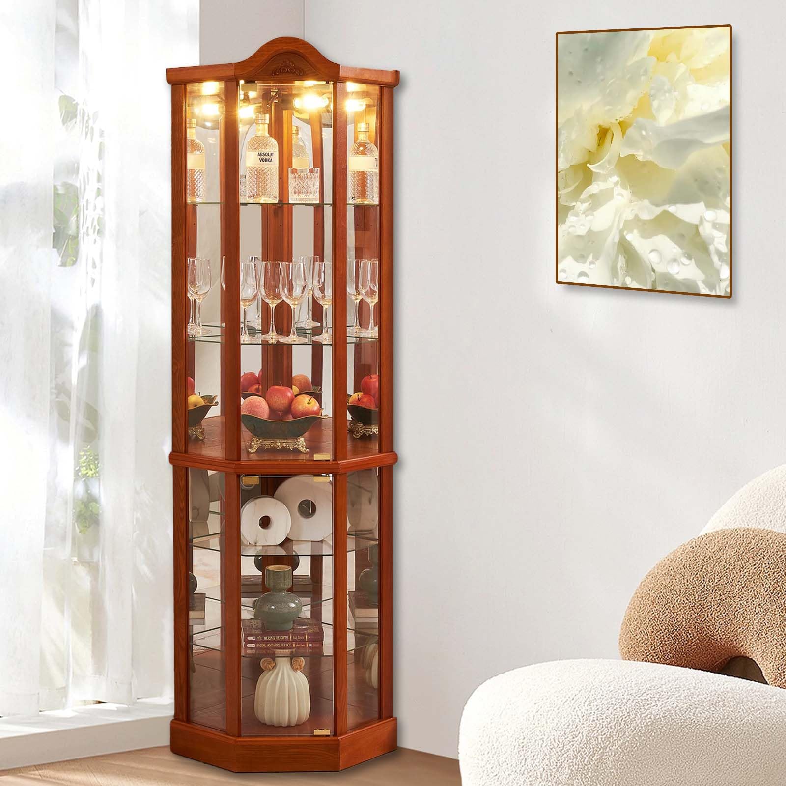 Oak Curio Cabinet with Glass Doors & LED Lights - 3-Side Glass Display Cabinet with 6 Adjustable Shelves - Perfect for Living Room, Dining Room, or Office Corner Display (Antiques, Collectibles & Home Decor)