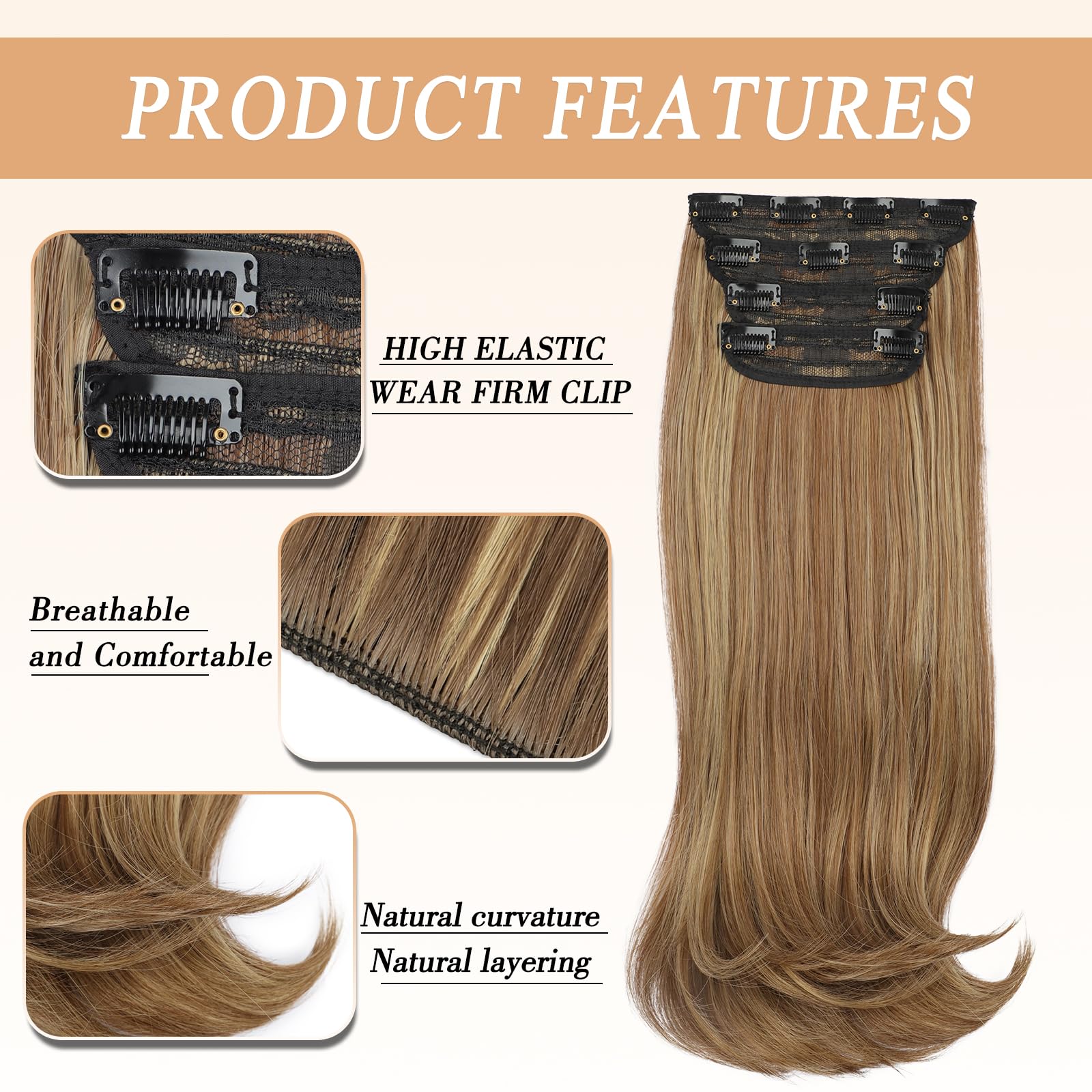 4PCS Clip-In Hair Extensions for Women – 20 Inch Thick Long Straight Layered Invisible Lace Weft – Perfect for Volume, Length & Styling – Great for Parties, Weddings & Daily Wear