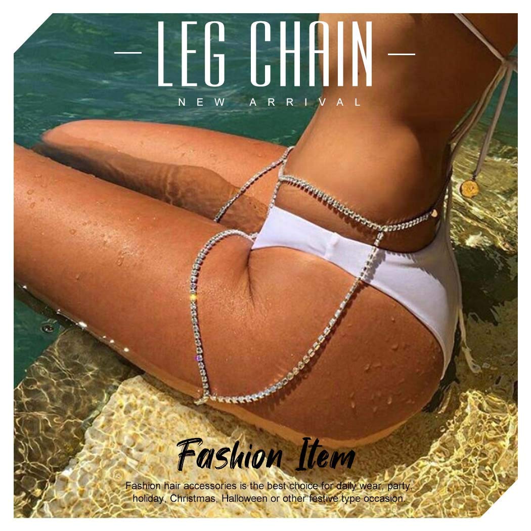 Boho Crystal Leg Chain - Rhinestone Body Jewelry for Women & Girls | Rave Party, Festival, Beach Wear Accessories | Adjustable Thigh Chain for Dance, Cosplay, Fashion Outfits