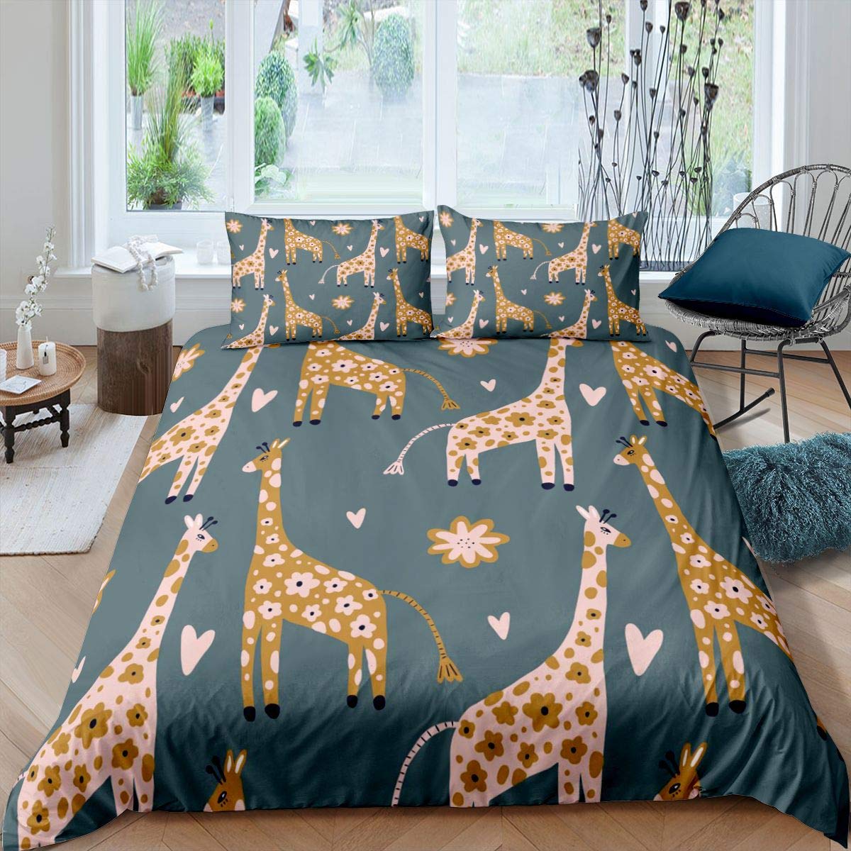Giraffe Print Duvet Cover Set - Twin Size Safari Wildlife Bedding for Kids (2Pcs) | Zoo Animal Theme Comforter Cover for Boys & Girls | Soft Floral Design Bedroom Collection - Perfect for Jungle-Themed Kids' Rooms & Wildlife Decor