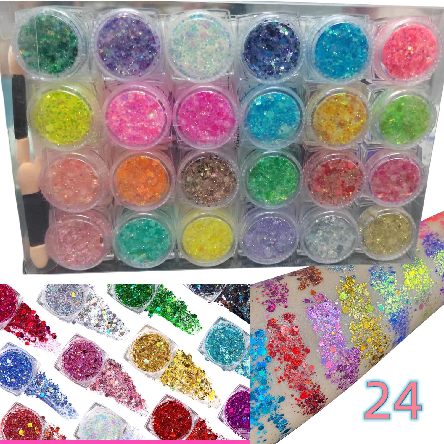 24-Color Body Glitter Gel & 32 Fashion Temporary Tattoos Kit - Chunky Sequin Glitter Makeup for Festival, Birthday Parties, Raves & Cosplay - Includes 4 Brushes for Easy Application