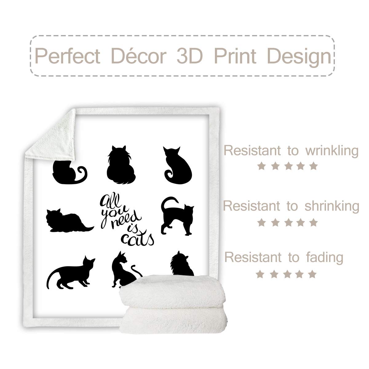 Sleepwish Cat Throw Blanket for Girls - Cute Cats Lettering Printed Soft Warm Sherpa Fleece Blanket (60x80 Inches) - Black Cat Silhouette on White Plush for Bed, Couch & Sofa - Perfect Twin Size Cozy Blanket for Winter Nights & Gift Giving