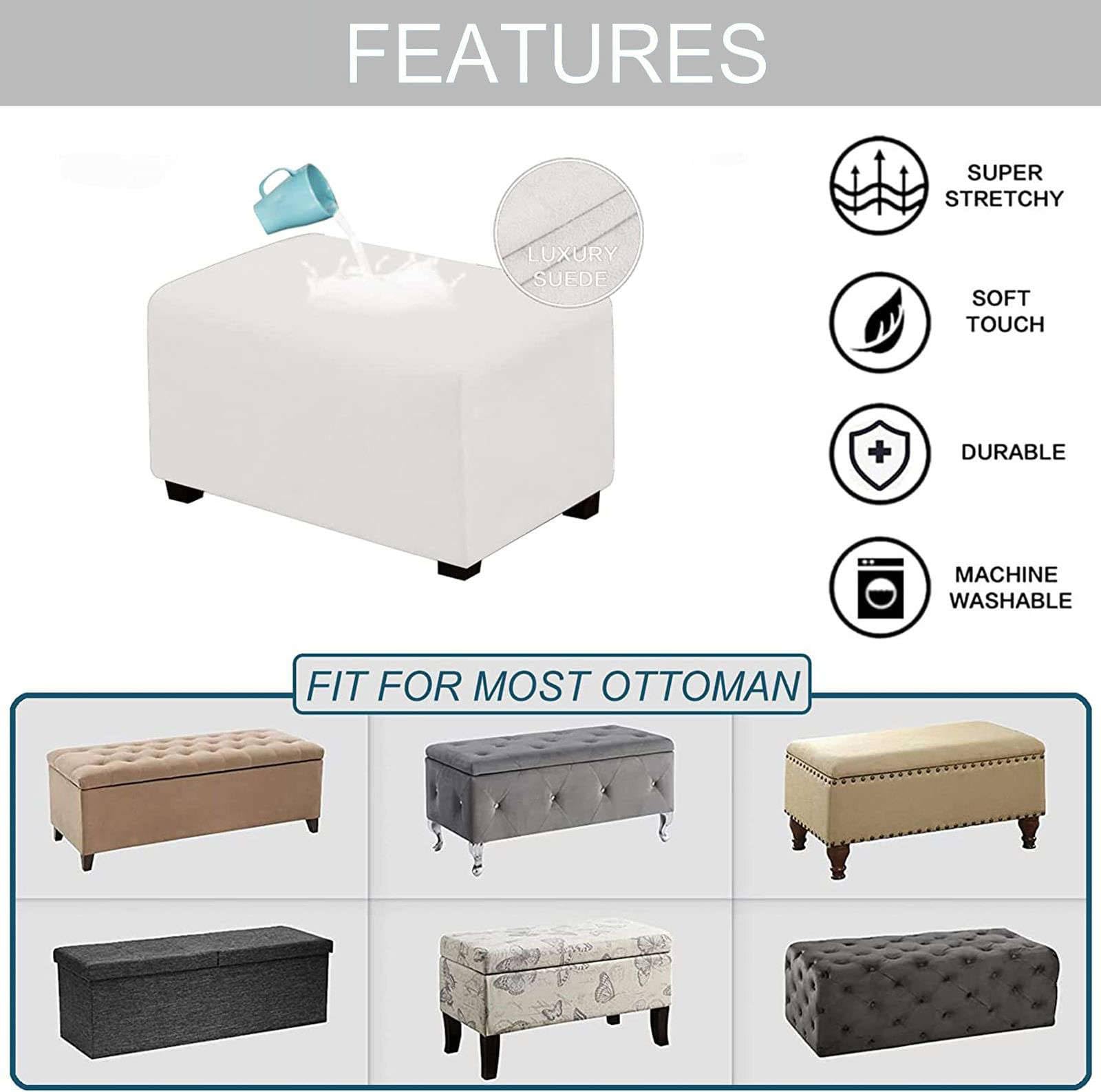 Waterproof Ottoman Cover Rectangle - Stretch Velvet Soft Ottoman Slipcover for Folding Storage Stool with Elastic Bottom (White, Medium) - Perfect for Living Room, Bedroom & Home Decor