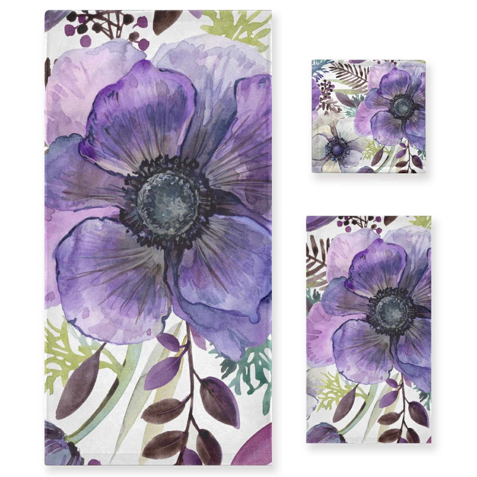**Premium Purple Bath Towel Set - 3-Piece Ultra Absorbent Microfiber Bathroom Towels (1 Bath Towel + 1 Hand Towel + 1 Washcloth) - Floral Design for Spa, Beach & Home Decor**