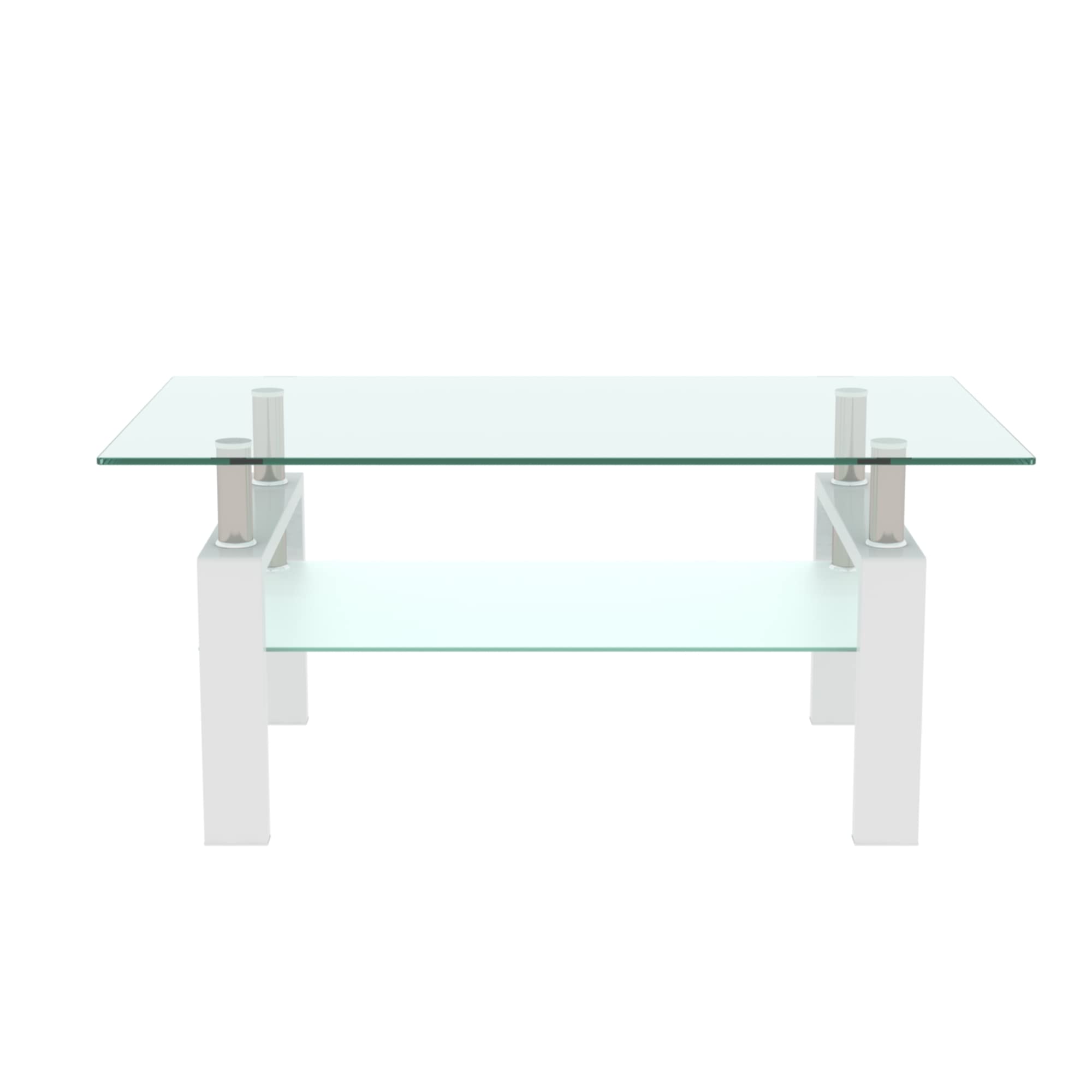 Modern White Glass Rectangle Coffee Table with Lower Shelf & Metal Legs - Stylish Living Room Furniture for Conversation, Leisure & Home Decor