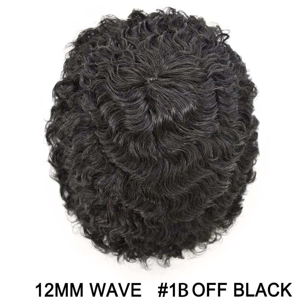 Afro Curl Toupee for Black Men - Full Poly African American Human Hair System - Injected PU Hairpiece Replacement - Kinky Curly Mens Wig - 12MM Afro Wave - 1B Natural Black - Perfect for Daily Wear, Special Occasions & Hair Loss Solutions