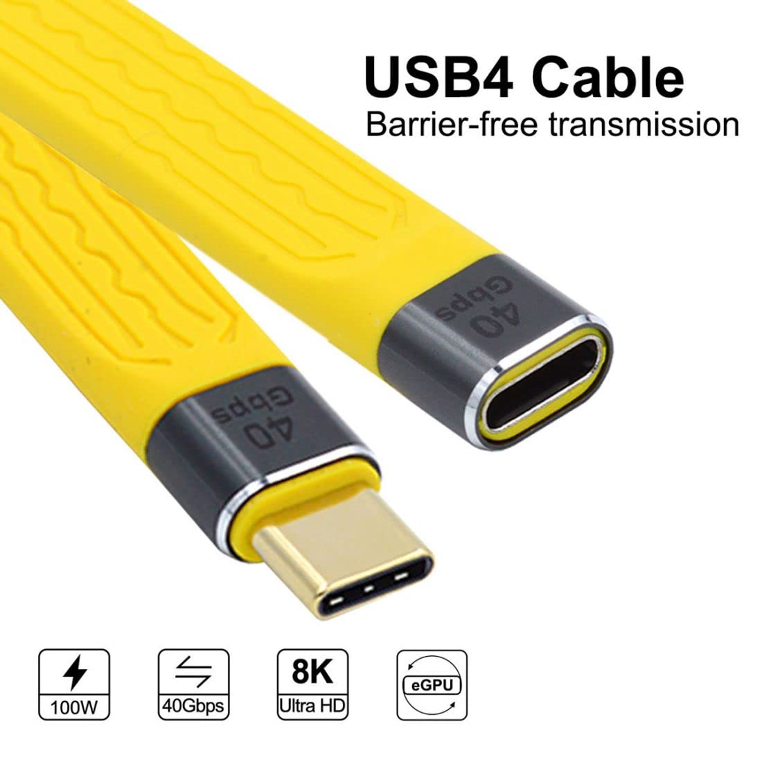 Chenyang USB C to USB C Cable 40Gbps - USB4 Extension Cable Slim Flat Male to Female with 100W Fast Charging & 8K@60Hz Video - Thunderbolt 3/4 Compatible (13cm, Yellow) - Perfect for MacBook, iPad Pro, Galaxy S23 & High-Speed Data Transfer