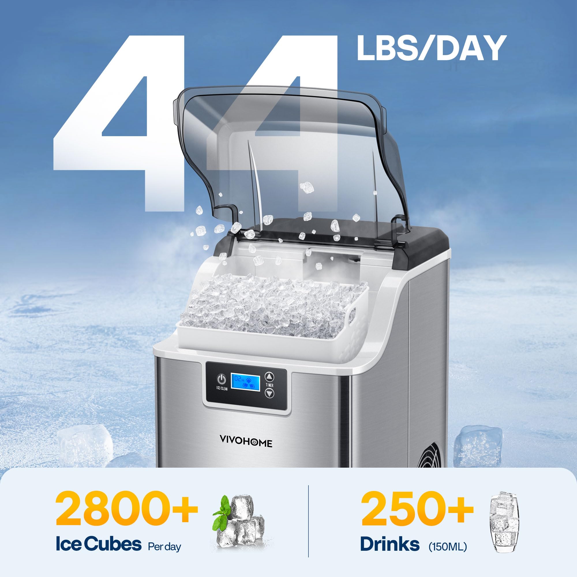 VIVOHOME Countertop Nugget Ice Maker Machine - 44lbs/Day Pebble Ice Maker with Self-Cleaning, Portable Soft Chewable Ice for Home, Kitchen, RV, Camping | Includes Scoop & 10 Ice Bags | Perfect for Cocktails, Sodas & Outdoor Adventures