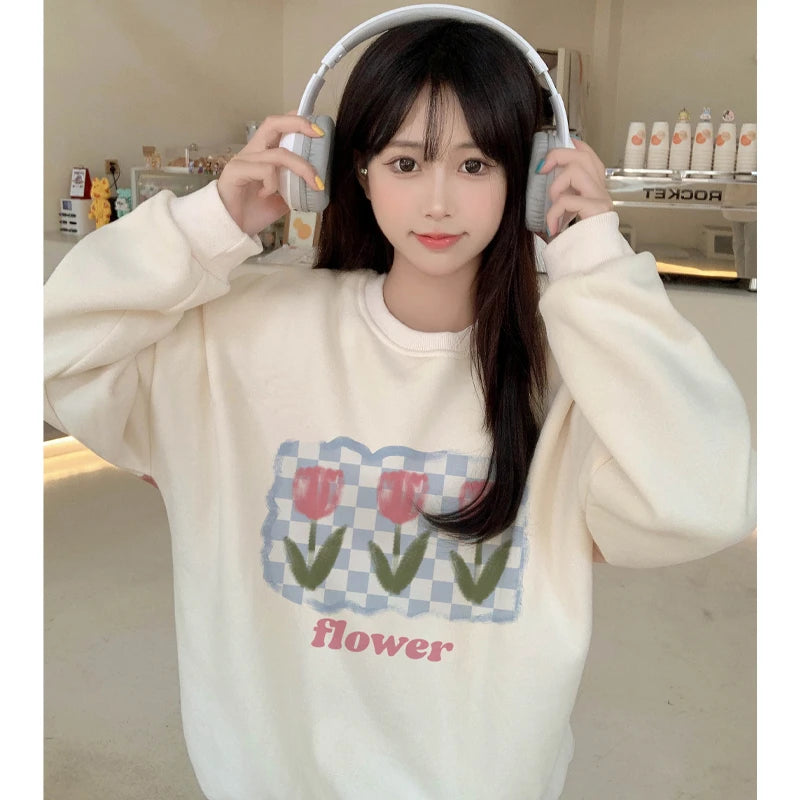 Sweet Apricot Pullover Sweatshirt for Women - Casual Loose Fit O-Neck Basic Hoodie - Winter Fashion Office Wear & Everyday Comfort