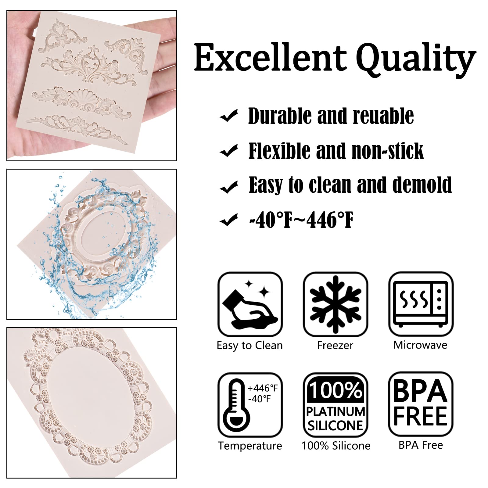 Baroque Style Silicone Molds Set of 4 - Royal Floral Embossed Fondant Molds for Cake, Cupcake, Cookie & Candy Decorating - Sugar Craft, Clay & Resin Molds - Perfect for Wedding, Halloween & DIY Crafts