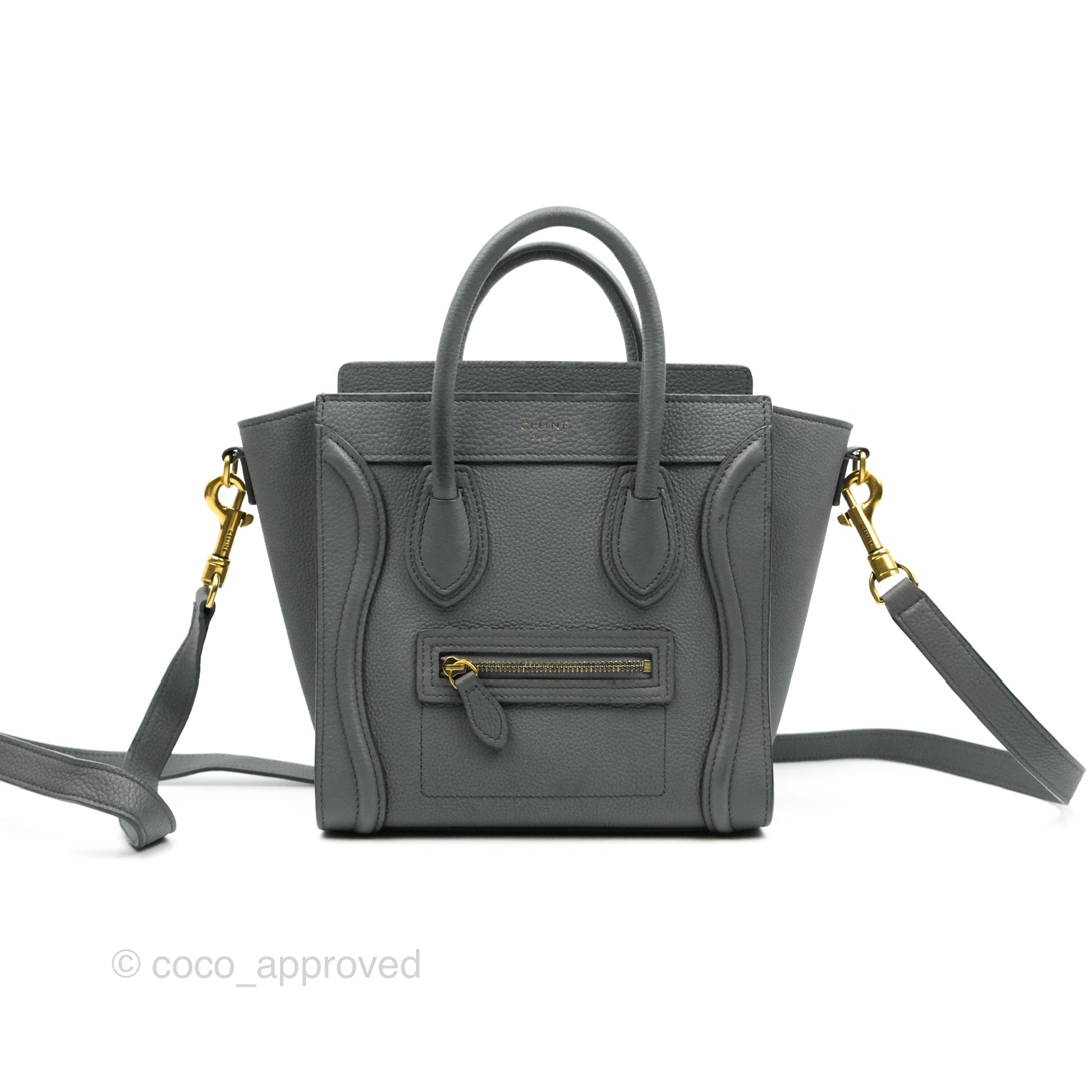 Celine Nano Luggage Bag in Grey Grained Calfskin with Gold Hardware - Perfect for Work, Travel & Everyday Luxury