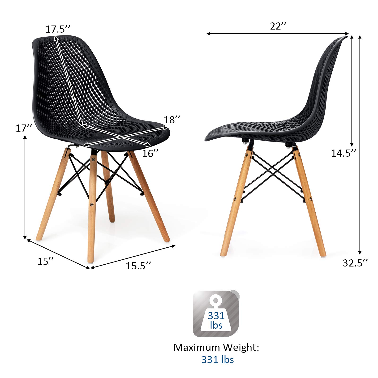 Giantex Set of 4 Modern Dining Chairs - Indoor/Outdoor Shell PP Lounge Side Chairs with Mesh Design & Beech Wood Legs - Tulip Leisure Chairs for Kitchen, Dining Room, Patio, Restaurant - Black