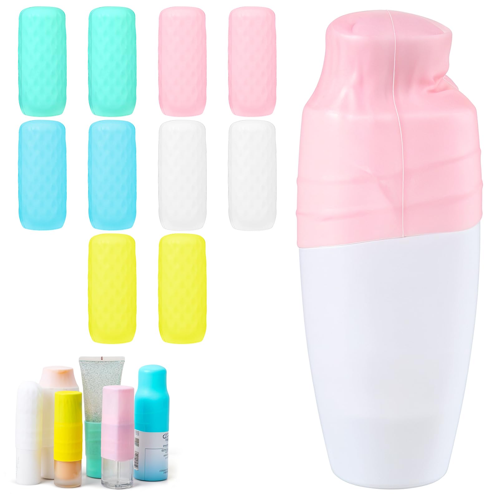 10 Pack Silicone Bottle Covers - Leak Proof Travel Toiletry Covers, Elastic Sleeves for Shampoo & Lotion Bottles - Perfect for Airplane Carry-On, Gym Bag & Vacation Essentials (Fits Most Travel Size Bottles)