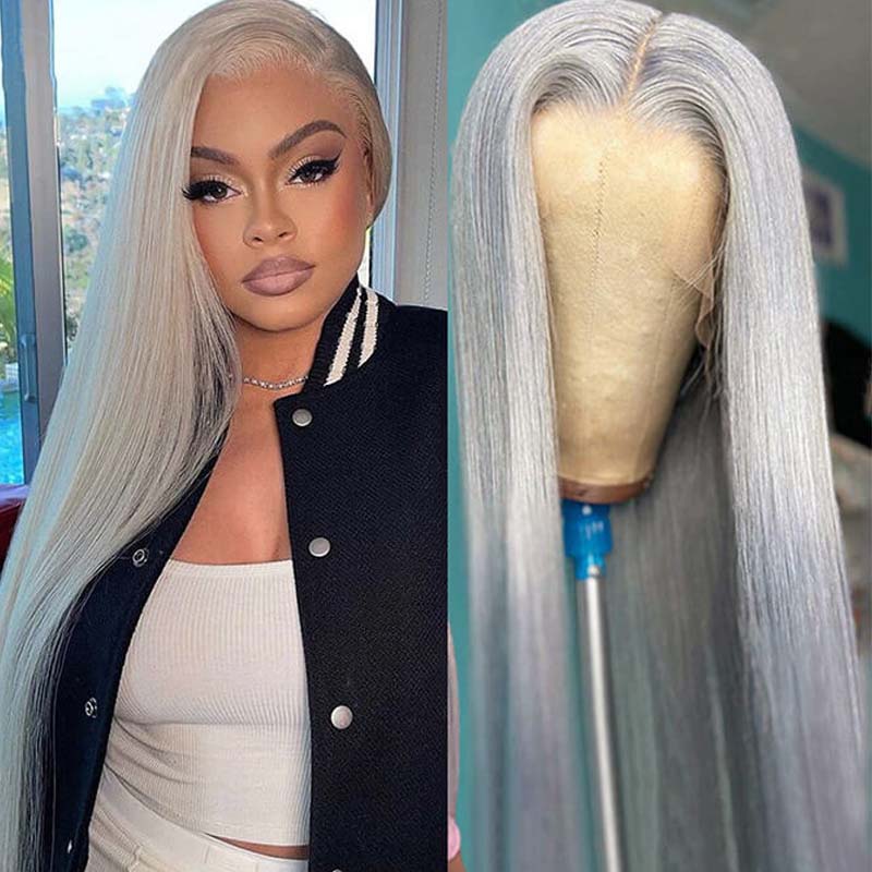 Eullair 13x4 Glueless Lace Front Wig - 180 Density Pre Plucked Straight Human Hair Wig for Women, Grey & Silver Lace Frontal Wig - Perfect for Daily Wear, Cosplay & Special Occasions