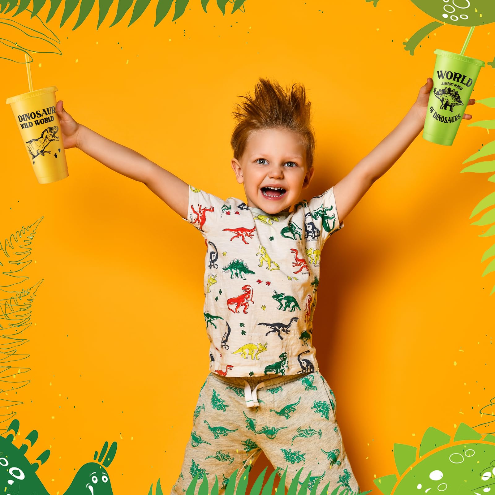 Dinosaur Party Cups Set - 12 Pack 24oz Reusable Plastic Cups with Lids & Straws for Kids, Dino Themed Birthday Party Supplies, Beverage Drinkware - Colorful (Perfect for Birthday Parties, Baby Showers & Jurassic Theme Events)