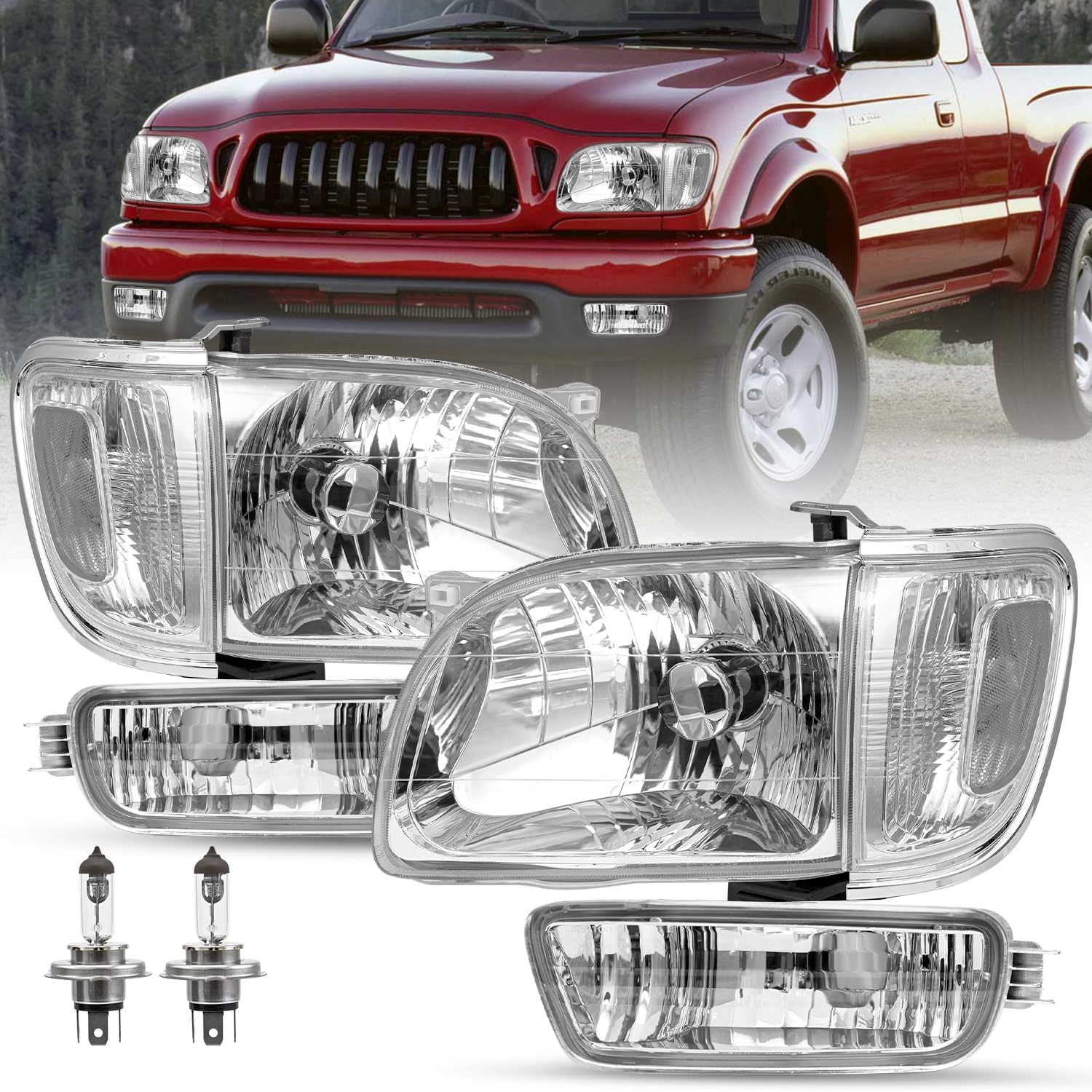 2001-2004 Toyota Tacoma Headlight Assembly - Driver & Passenger Side Chrome Housing with Clear Reflector (Bulbs Included) | Replacement Headlights for Improved Night Visibility & Off-Road Driving
