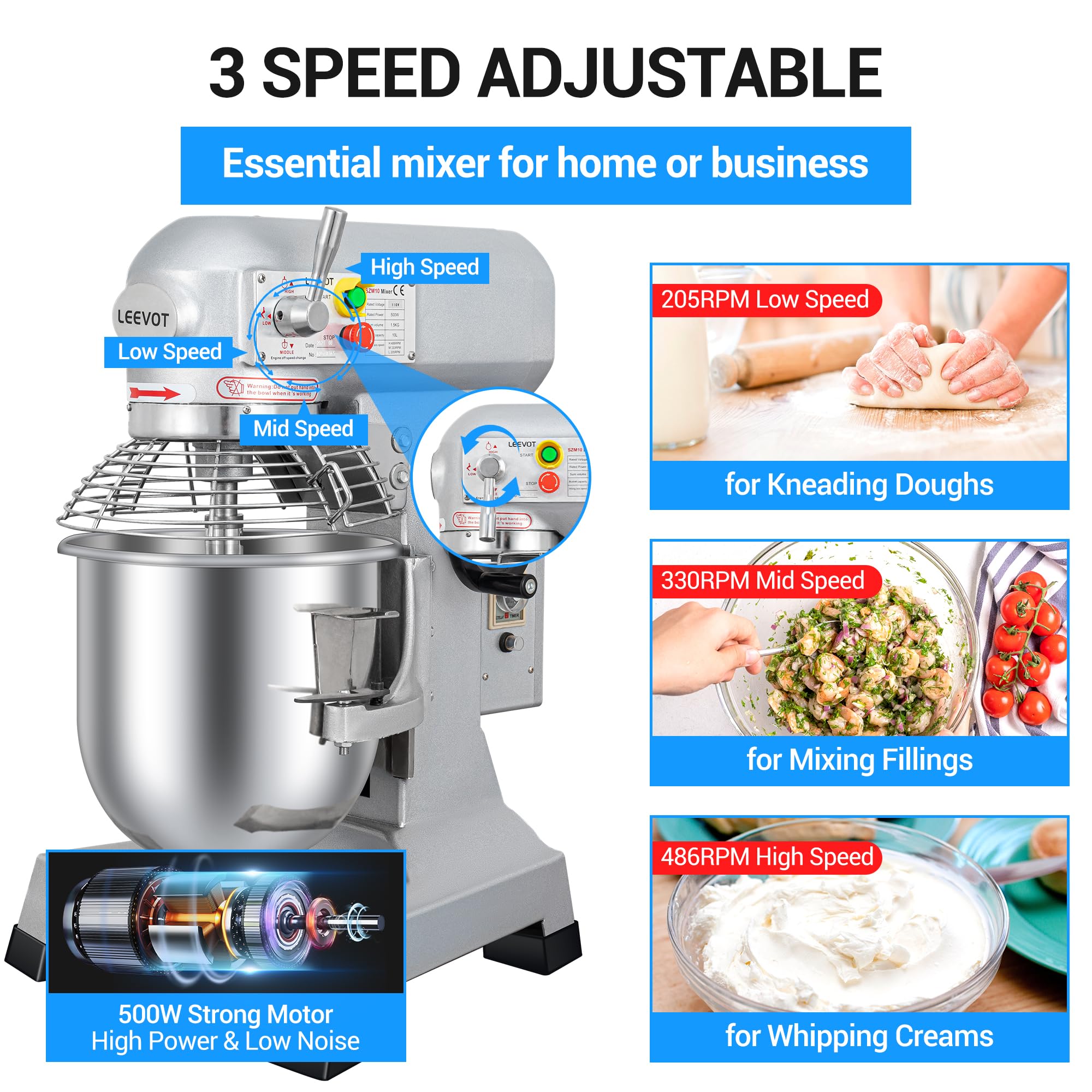 500W 10 Qt Commercial Food Mixer with 3-Speed Adjustment & Timer - Heavy Duty Stainless Steel Dough Mixer for Bakeries, Pizzerias, Restaurants & Catering Businesses - Perfect for Kneading Bread, Pizza Dough & Baking Pastries