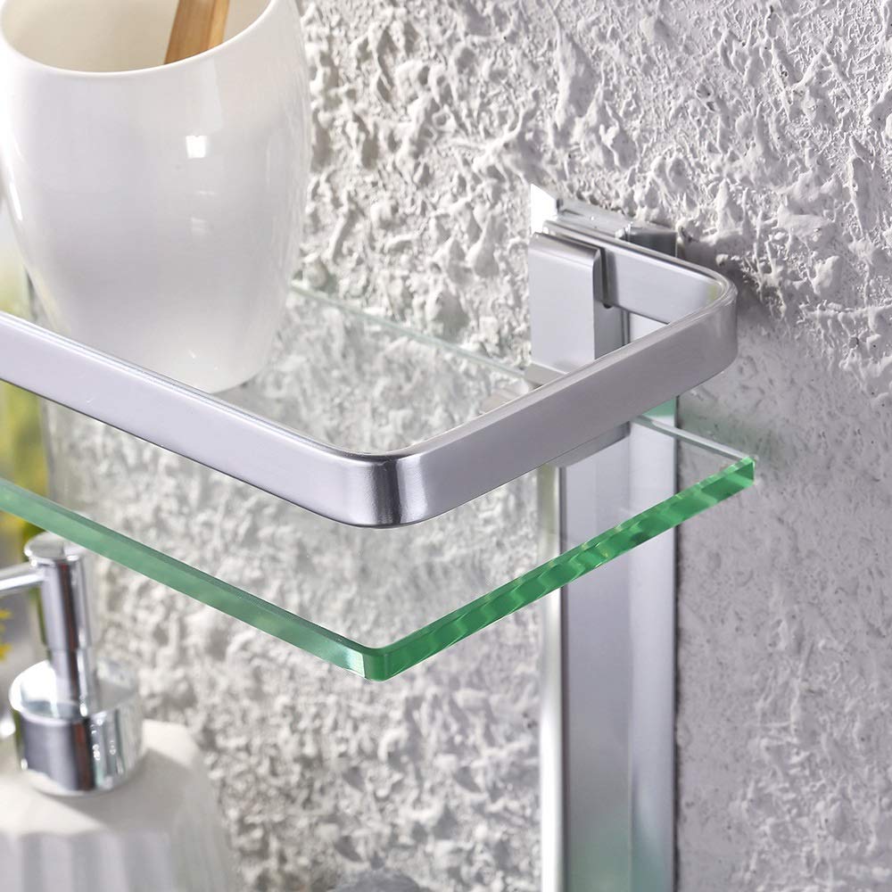 Wall Mounted Bathroom Glass Shelf - 2-Tier Silver Rectangular Storage Shelf for Bathroom, Kitchen & Living Room - Perfect for Organizing Toiletries, Spices & Decor Items