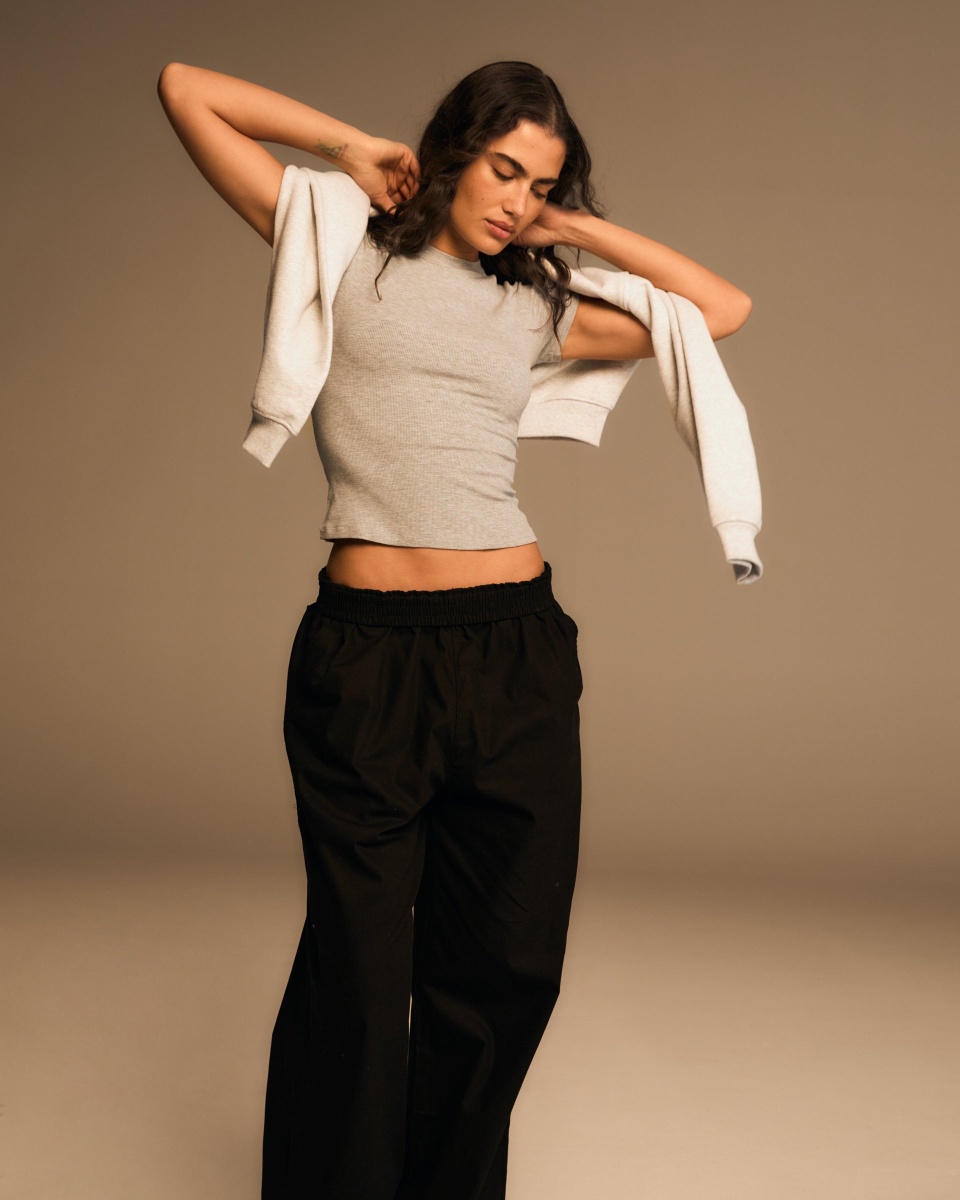Stylish Rib Raglan Short Sleeve Top in Grey Melange - Perfect for Casual Wear, Gym, and Everyday Outfits