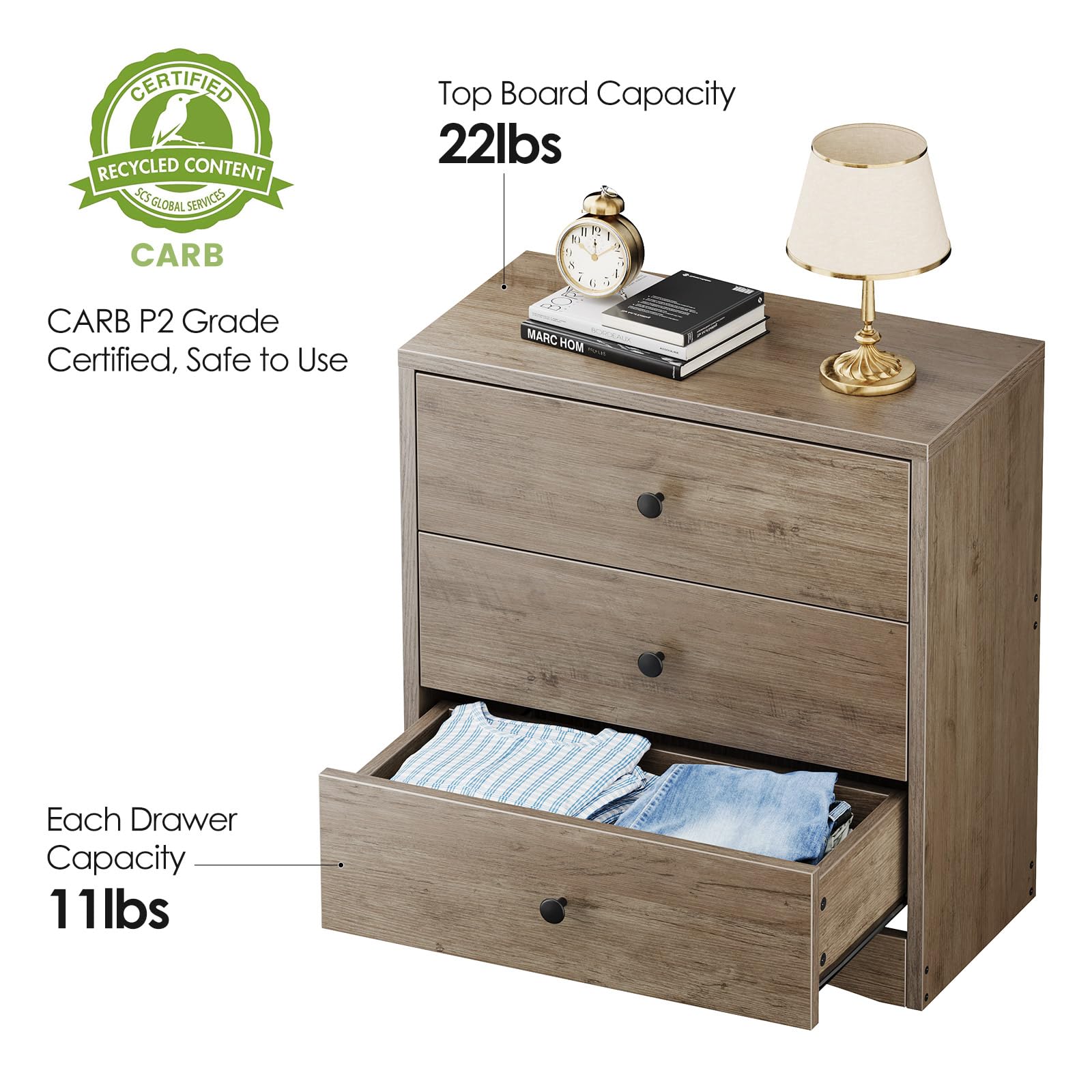 Farmhouse Nightstand with 3 Drawers - Solid Wood Bedside Table, Small Dresser Cabinet for Bedroom - Rustic Gray Storage Furniture for Small Spaces | Perfect for Reading Nook, Guest Room & Apartment Living