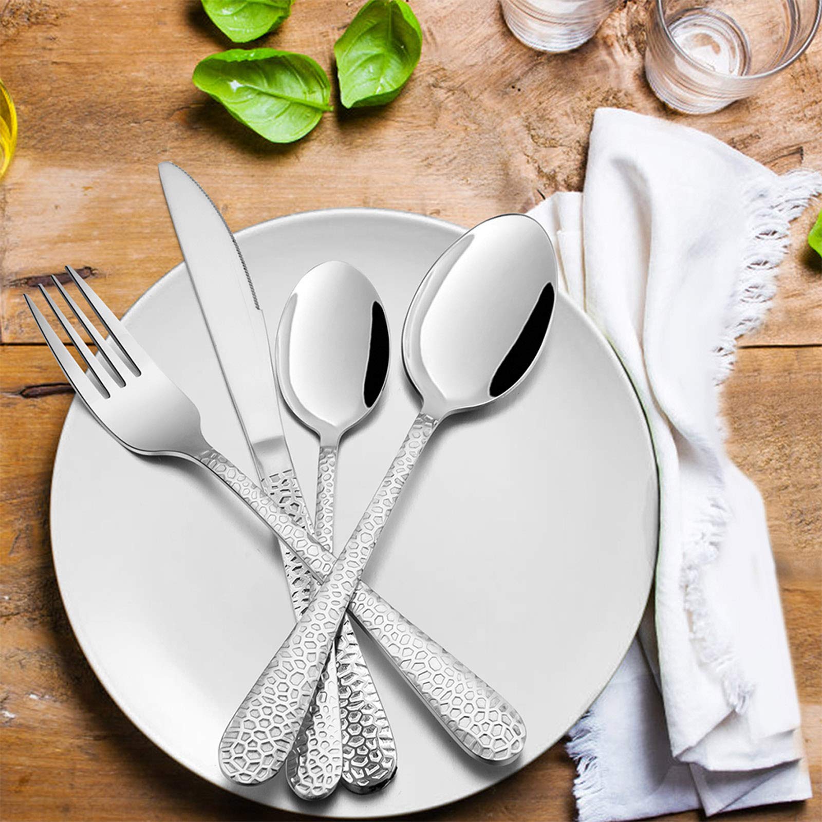 E-far 40-Piece Stainless Steel Flatware Set for 8 - Hammered Silverware Cutlery with Knives, Forks, Spoons - Modern Mirror Polished Design - Dishwasher Safe - Perfect for Dinner Parties, Weddings & Everyday Dining