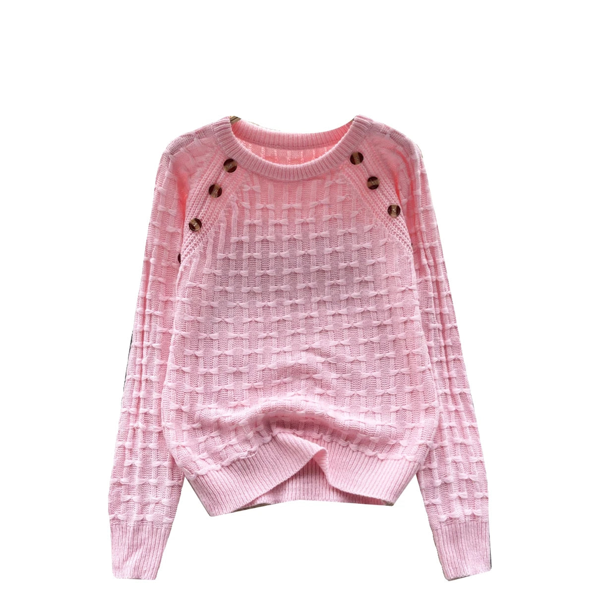 Women's Vintage White Long Sleeve Button-Up Sweater - Cozy Loose Knit Pullover with Bow Detail, Pink O-Neck Top for Fall Winter Fashion | Perfect for Office, Dating & Casual Outfits