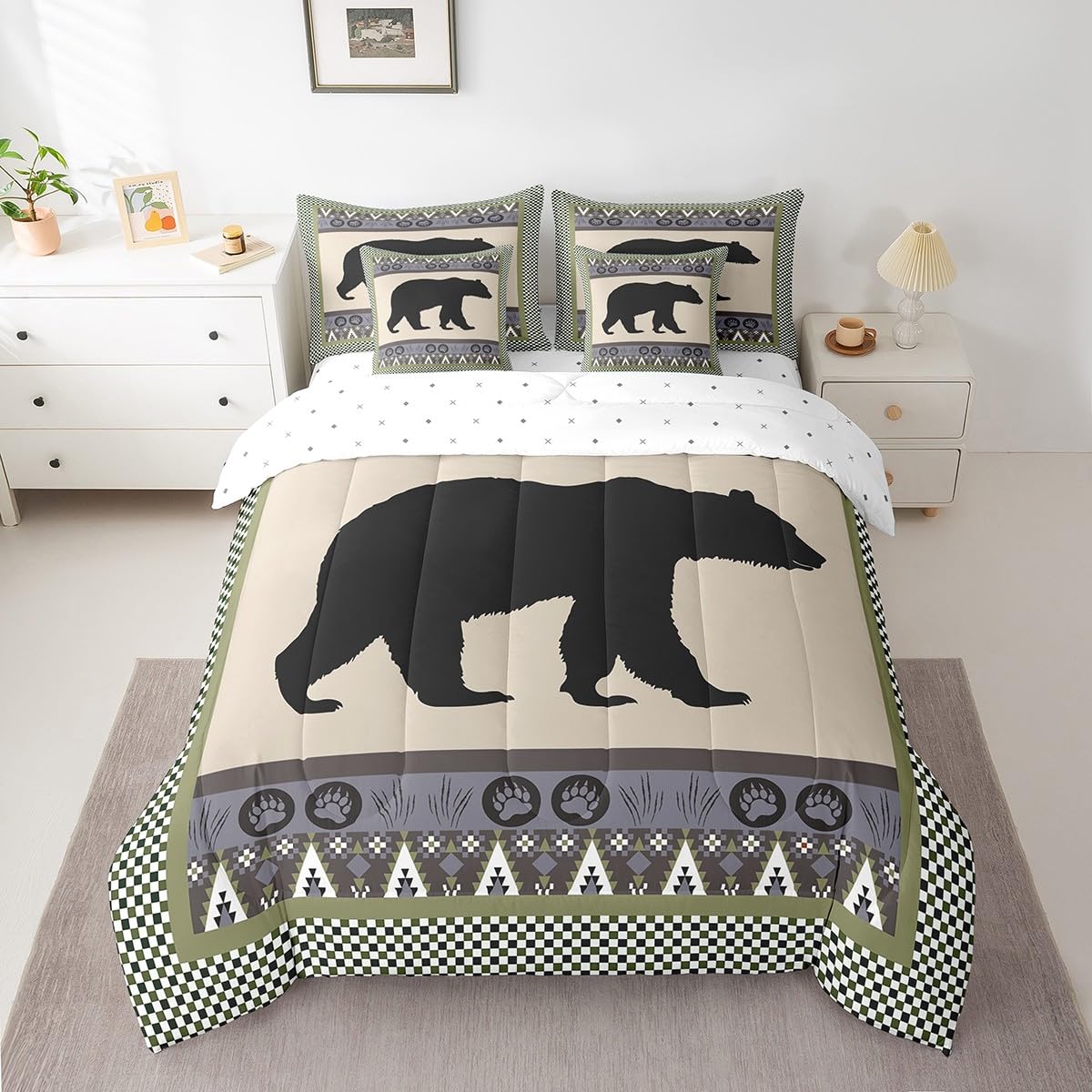 **Erosebridal Rustic Bear Bedding Set Twin Size 7-Piece Bed in a Bag – Wildlife Hunting Comforter Set for Kids, Boys, Teens & Adults – Wild Animal Tribal Vintage Sheet Set with Geometric Triangle Design – Perfect for Cabin, Lodge, Hunting Themed Bedrooms & Outdoor Adventures**