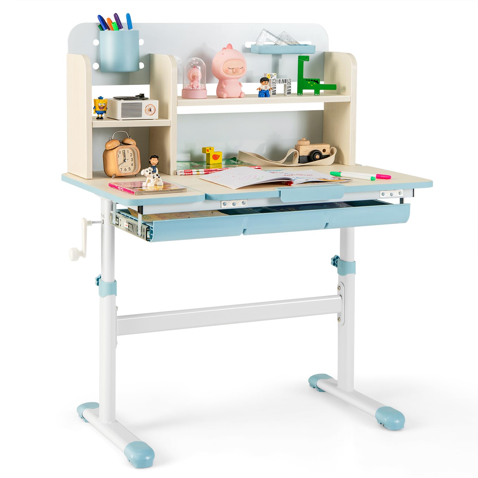 **Costzon Adjustable Kids Study Desk with Storage - Height Adjustable Children's School Desk, Tilt Desktop, Pen Holder & Ruler - Perfect for Homeschooling, Online Learning & Homework (Blue)**