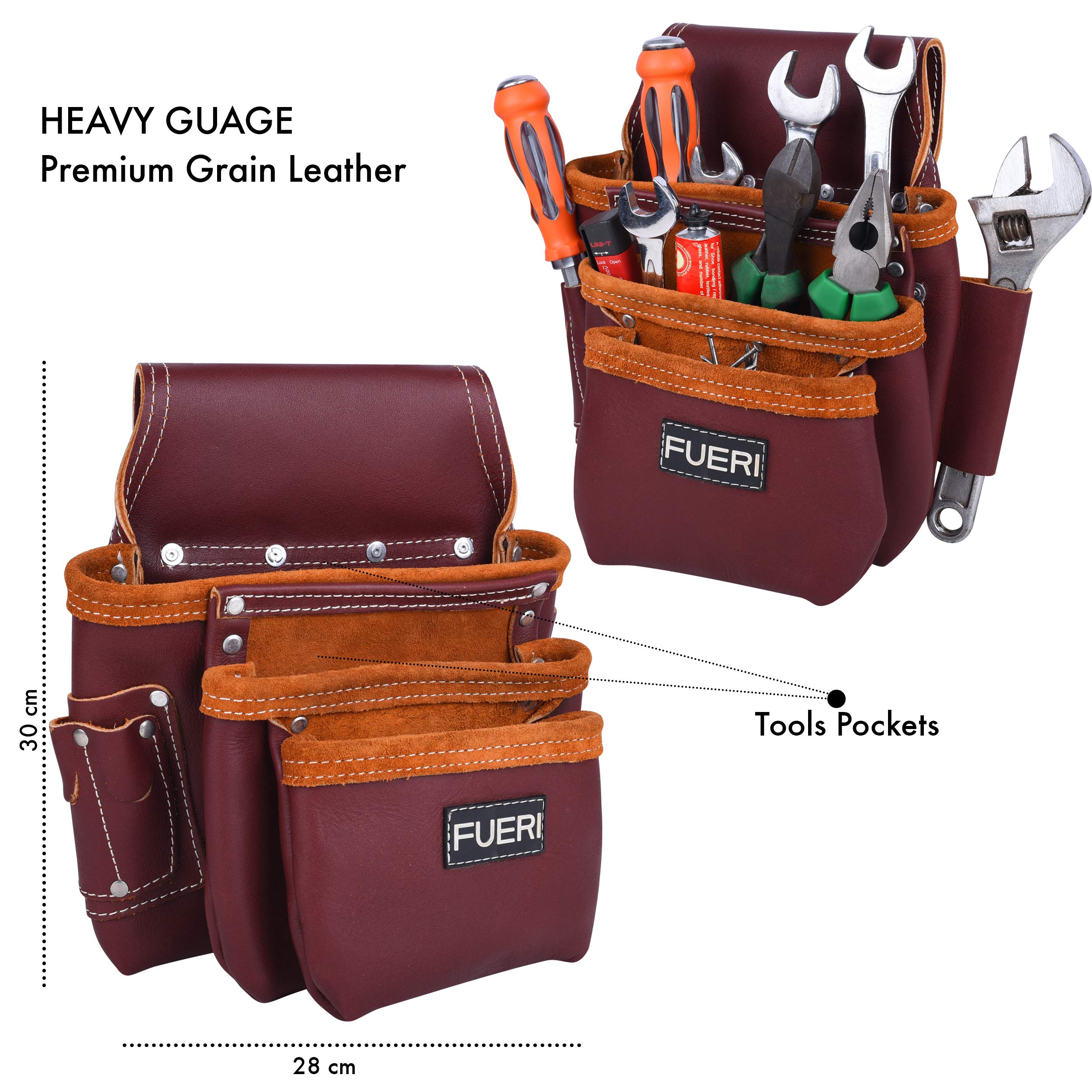FUERI Heavy Duty Leather Tool Belt Bag for Men & Women - 17 Pocket Carpenter Electrician Construction Pouch Organizer | Durable Work Belt Holder for DIY, Home Renovation & Professional Job Sites