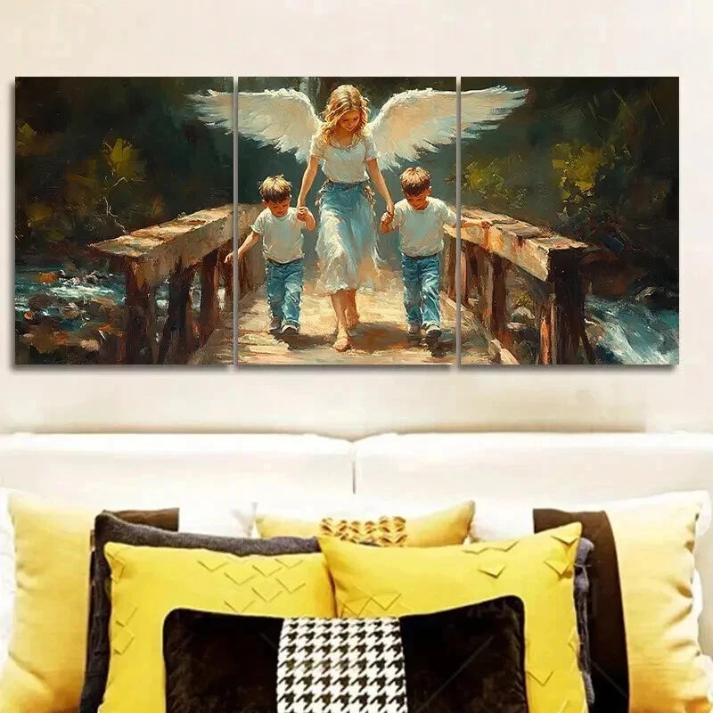 3-Piece Angel and Youngsters on Bridge Wall Art Set - Framed Canvas 50x70cm (19.7x27.6in) - High Quality Print - 100% Australian Made - Ready to Hang - Perfect for Living Room, Bedroom, or Office Decor
