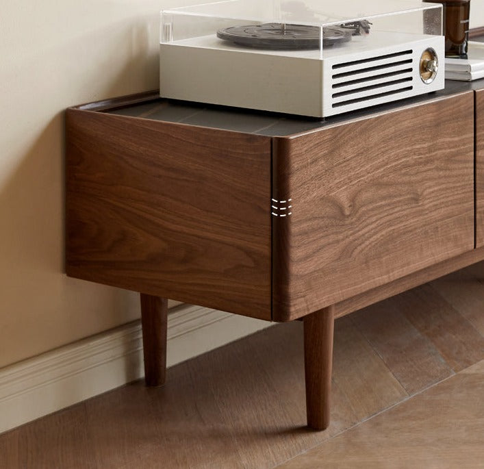 Modern Black Walnut Solid Wood TV Stand with Slate Top - Perfect for Living Room, Home Theater & Entertainment Center Storage