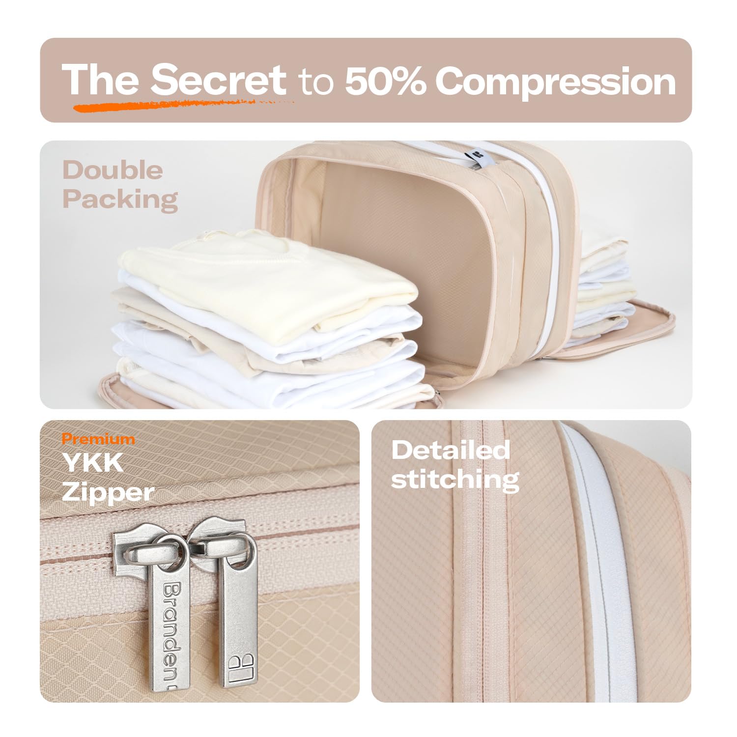 Branden Small Compression Packing Cube - Sandbeige | Travel Essentials & Luggage Organizer | Self-Compression Space Saver for Suitcases | Perfect for Overnight Trips, Road Trips, Beach Vacations & Cruises | Compact Travel Accessory for Efficient Packing