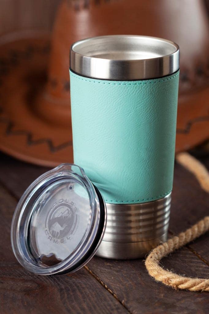 LaserGram 20oz Vacuum Insulated Stainless Steel Tumbler Mug with Personalized Engraving - Old Farm Tractor Design, Leakproof & Sweatproof, Faux Leather Handle (Blue) - Perfect for Coffee, Tea, Cold Drinks at Home, Office or Outdoor Adventures
