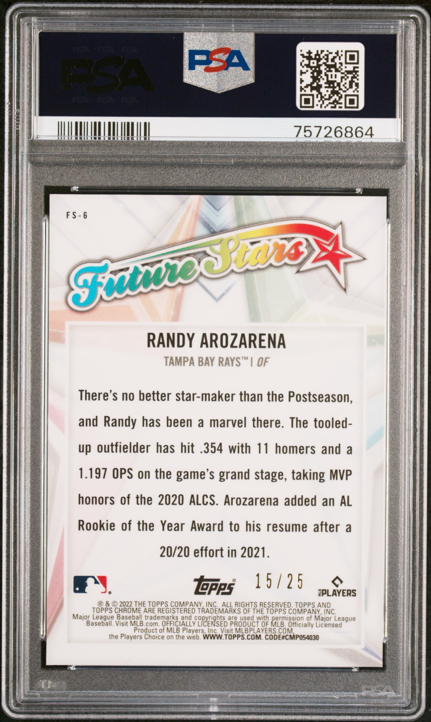 2022 Topps Chrome Randy Arozarena Future Stars Orange Refractor /25 #FS6 PSA 10 Gem Mint - Rare Baseball Card for Collectors & Investors, Perfect for Display Cases & Sports Memorabilia Collections