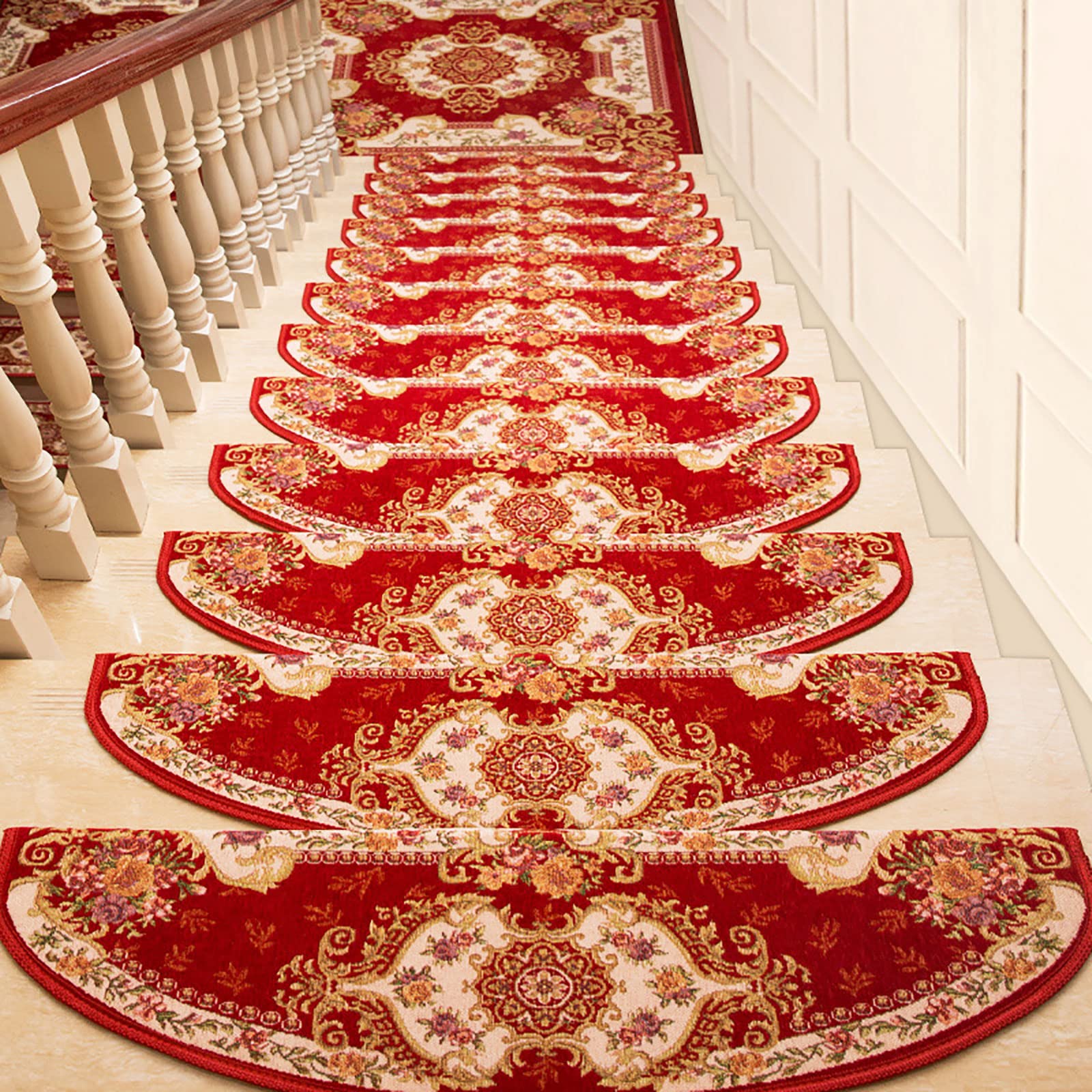 KTGEDH Non-Slip Stair Treads - Set of 14 Self-Adhesive Carpet Stair Runners with Classic Pattern for Wooden Steps, Machine Washable, Red, 9