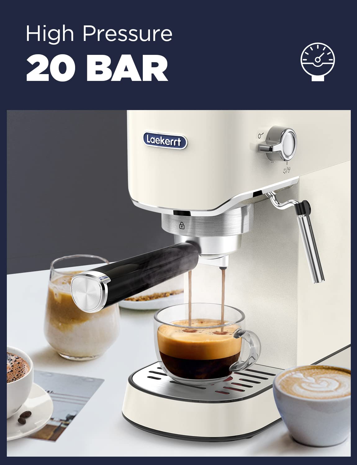 Laekerrt 20 Bar Espresso Coffee Machine with Milk Frother - Compact CMEP02 for Latte & Cappuccino - Stainless Steel & Pearl White - Perfect for Home Baristas & Coffee Lovers (Ideal for Small Kitchens, Offices & Gifts)