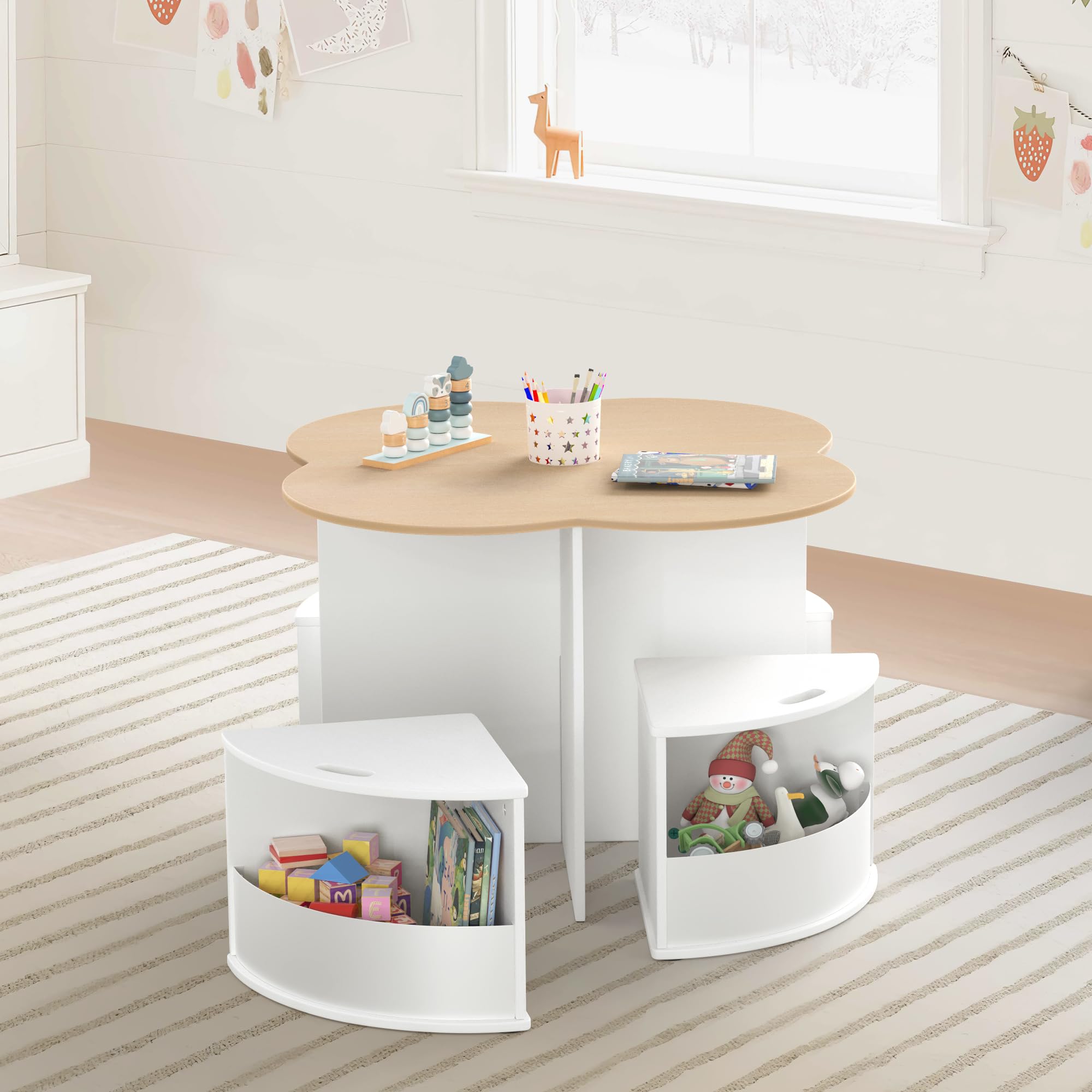 Flower-Shaped Toddler Table and Chair Set with 4 Storage Stools & Built-in Pen Holder - Kids Activity Table for Play, Art, Reading & Crafts (Natural/White) - Perfect for Preschool Learning, Daycare Centers & Home Playrooms