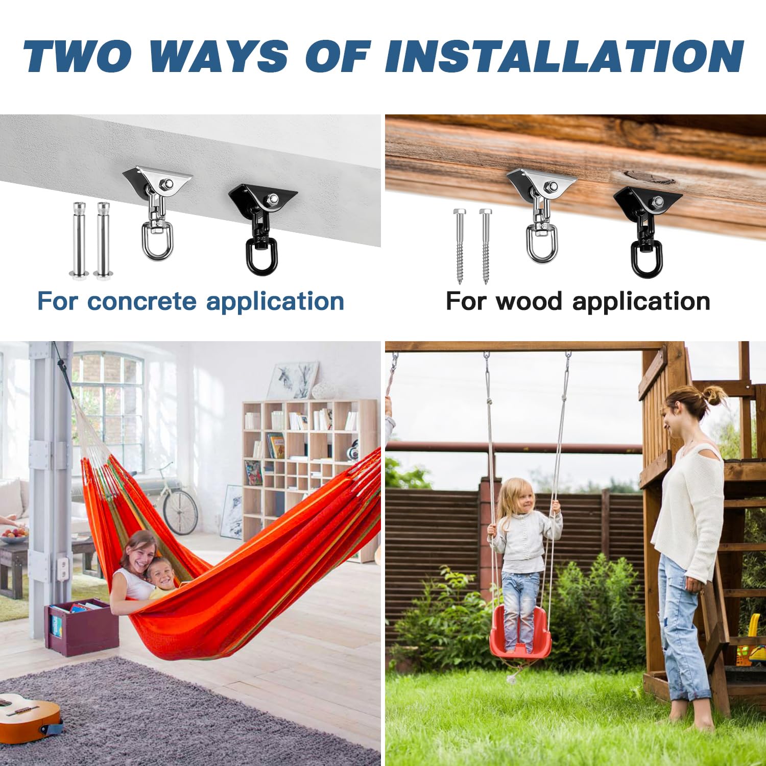 Heavy Duty 1200 lb Capacity Stainless Steel Swing Hangers for Wooden/Concrete Swing Set - 360° Rotating Hammock Hanging Kit - Perfect for Yoga Swings, Porch Chairs, Tree Swings & Indoor/Outdoor Use (Silver)