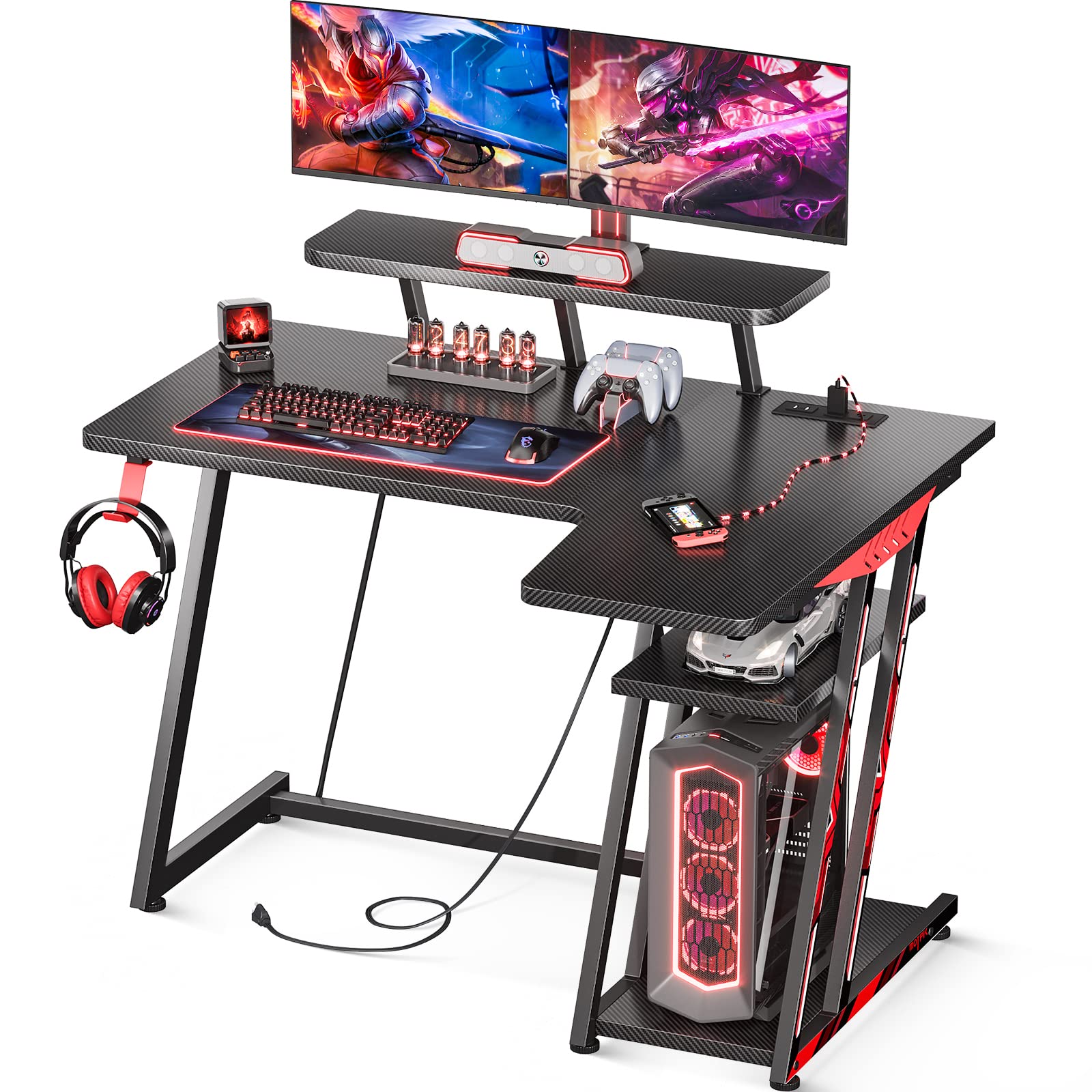 MOTPK 39 Inch L-Shaped Gaming Desk with Storage Shelf & Power Outlets, Carbon Fiber Surface Computer Desk for Home Office - Perfect for Small Spaces, Gaming Setup & Workstation (Black)