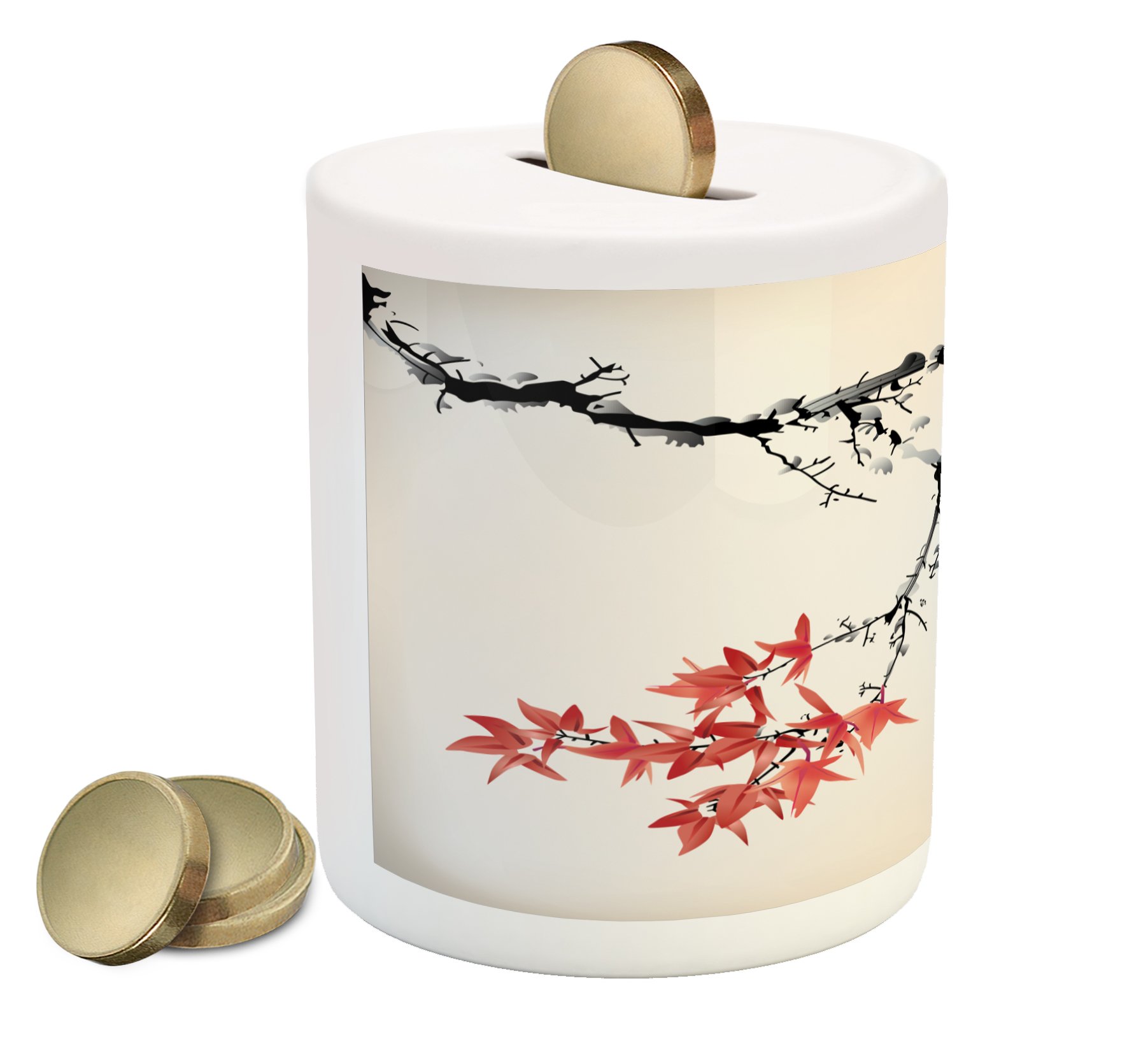 Ambesonne Japanese Ceramic Piggy Bank with Cherry Blossom Sakura Tree Watercolor Design - Romantic Spring Themed Money Box for Cash Savings (Coral Black) - Perfect Gift for Kids, Teens & Home Decor