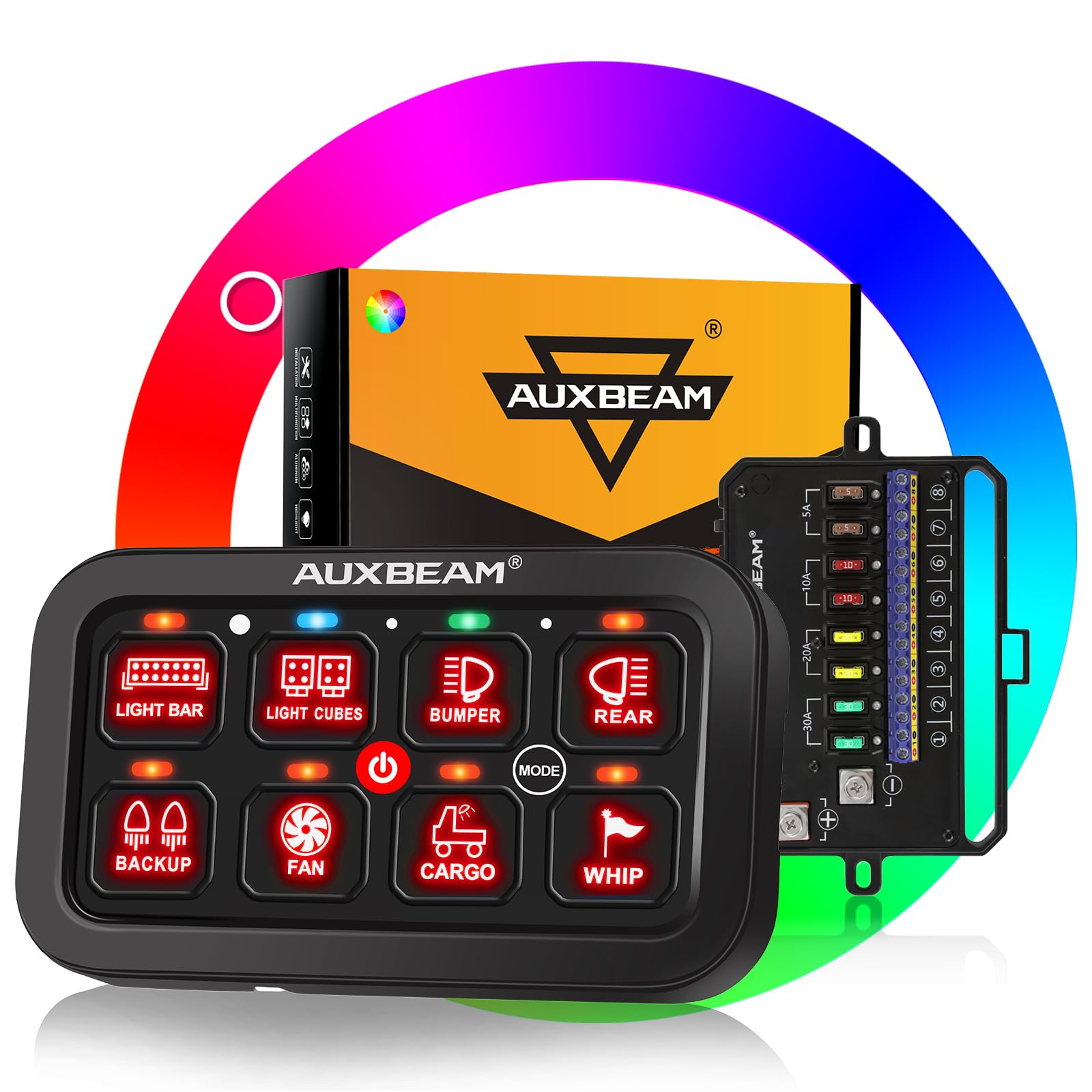 Auxbeam 8 Gang Switch Panel RA80 - Auto-Dimmable RGB LED Toggle Switch Panel with Momentary/Pulse Function, 12V-24V Waterproof Aluminum Switch Panel for Trucks, Offroad Vehicles, Cars, Boats & Marine Use - Perfect for Off-Roading, Overlanding & Marine Applications - 2 Year Warranty