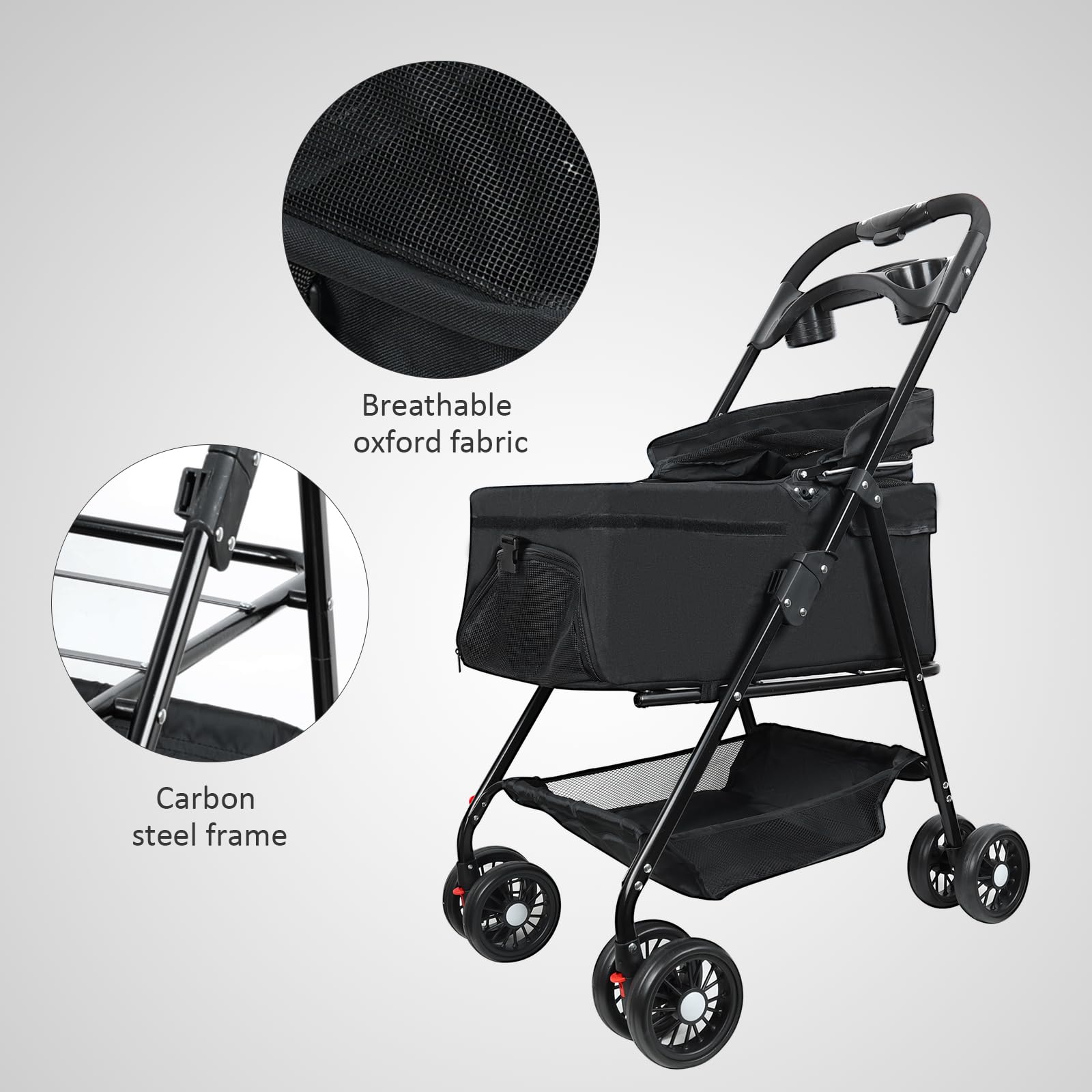 Premium 4-Wheel Pet Stroller for Small & Medium Dogs & Cats Up to 30lbs - Foldable Design with Storage Basket & Cup Holder (Black) - Perfect for Vet Visits, Shopping Trips & Outdoor Adventures