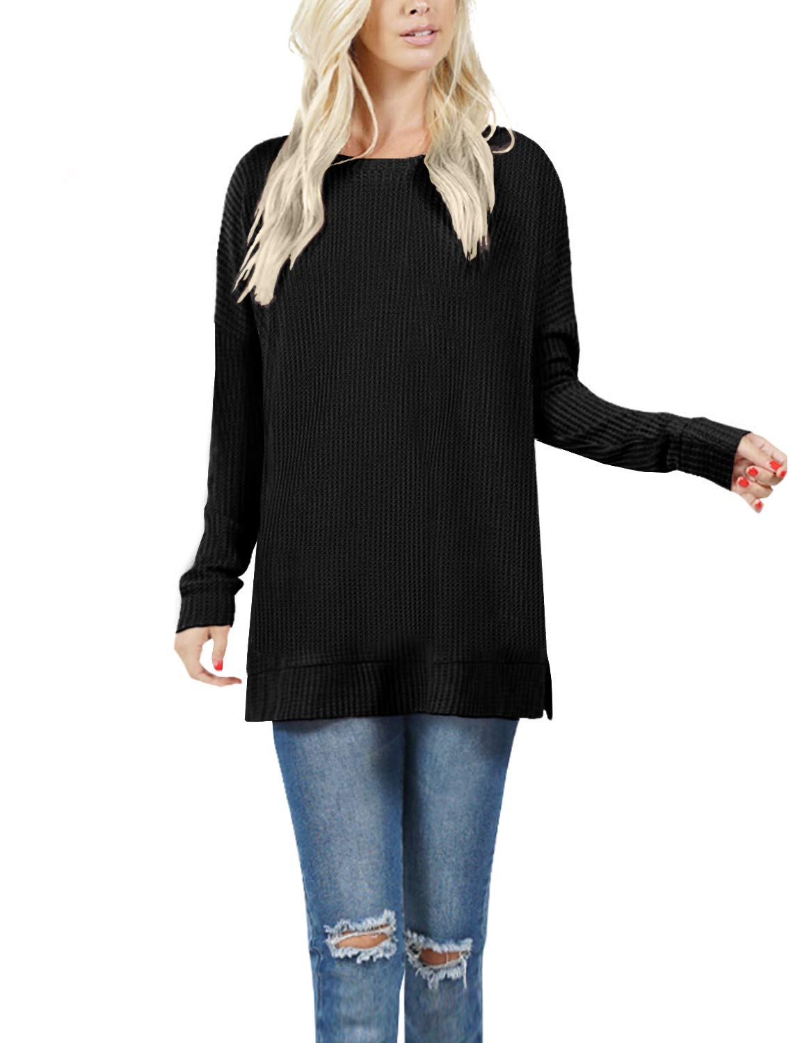 J. LOVNY Women's Basic Comfortable Brushed Thermal Waffle Knit Round Neck Sweater - Soft Winter Pullover Sizes S-3XL | Cozy Casual Wear for Office, Date Night & Fall Layering